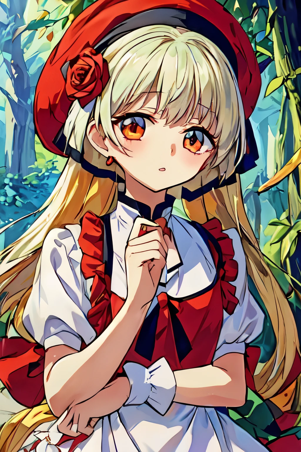 masterpiece, best quality, 1girl, solo, long hair, looking at viewer, bangs, blonde hair, red eyes, hat, dress, bow, holding, very long hair, flower, short sleeves, multicolored hair, parted lips, water, white dress, wrist cuffs, black bow, rose, heterochromia, white headwear, bug, red flower, butterfly, red rose