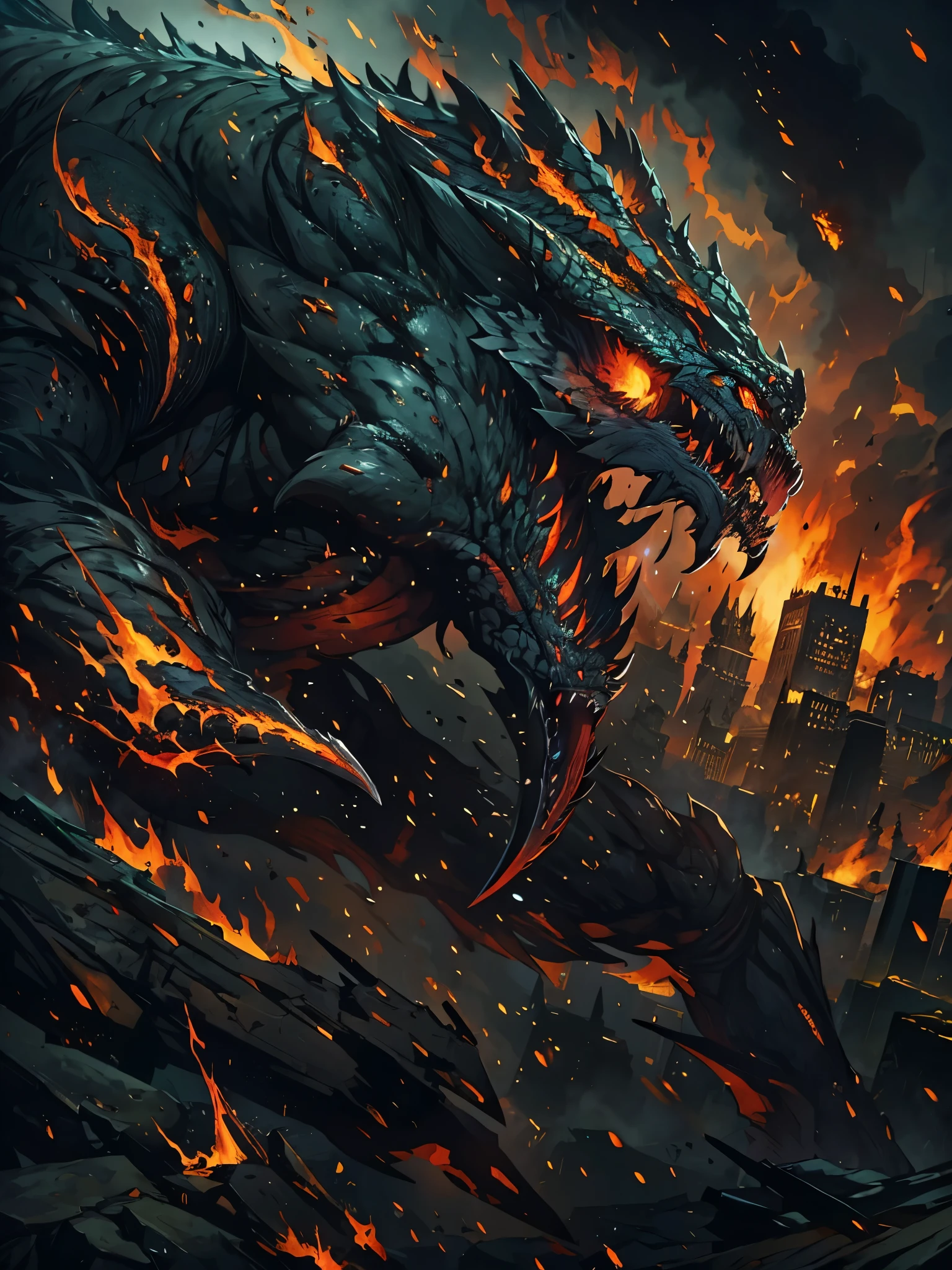 best quality,ultra-detailed,realistic,monster,giant creature,scaly skin,long sharp claws,menacing eyes,fierce expression,immense size,dark shadows,dramatic lighting,battlefield,destroyed city,fire and smoke,amazingly detailed textures,dynamic pose,night scene,vivid colors,contrast,horror style