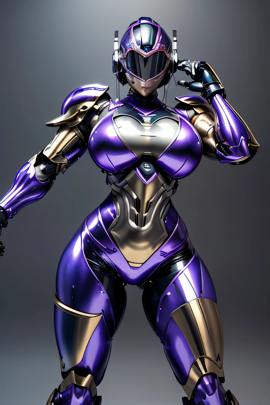 female robocop solo、Armor that completely covers the whole body、very large armor、helmet with straight, narrow goggles to hide your eyes、metallic purple armor、Armor that completely covers the chest、thin and long legs、Vibrant Posel Body View,luscious lips,(big and full breasts:1.3), (sports body:1.5)、five fingers