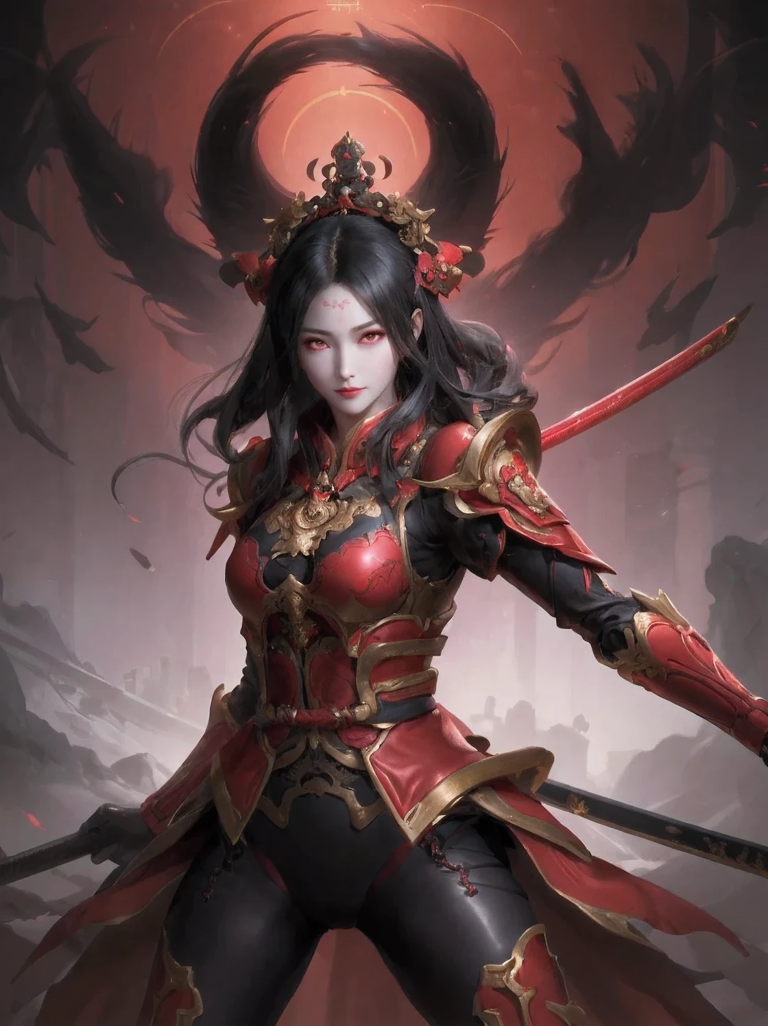 A beautiful black haired chinese girl "holding a katana", wearing ebonheart dark red battle armor. cinematic, dreamlike, perfect anatomy, good proportions, perfect body, elegant pose, intricate details, detailed face, detailed eyes, red lipstick, highlights in hair, highly detailed, elegant style pose, terada katsuya,