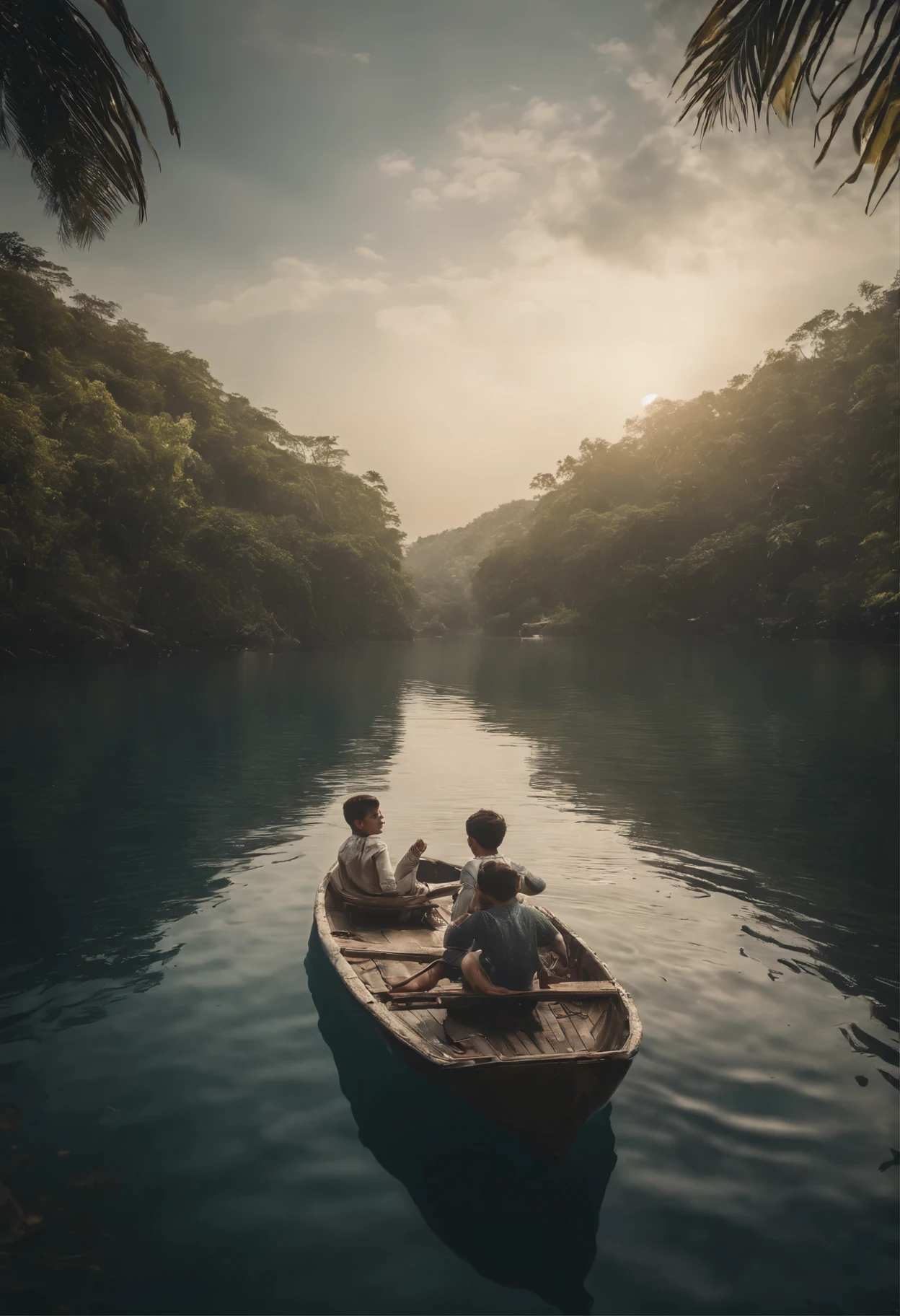 1white-tiger and 1boy,on a small floating boat,on the sea, (drone shot,Wide Angle),IMAX,Epic Film,cinematic,masterpiece,highly detailed