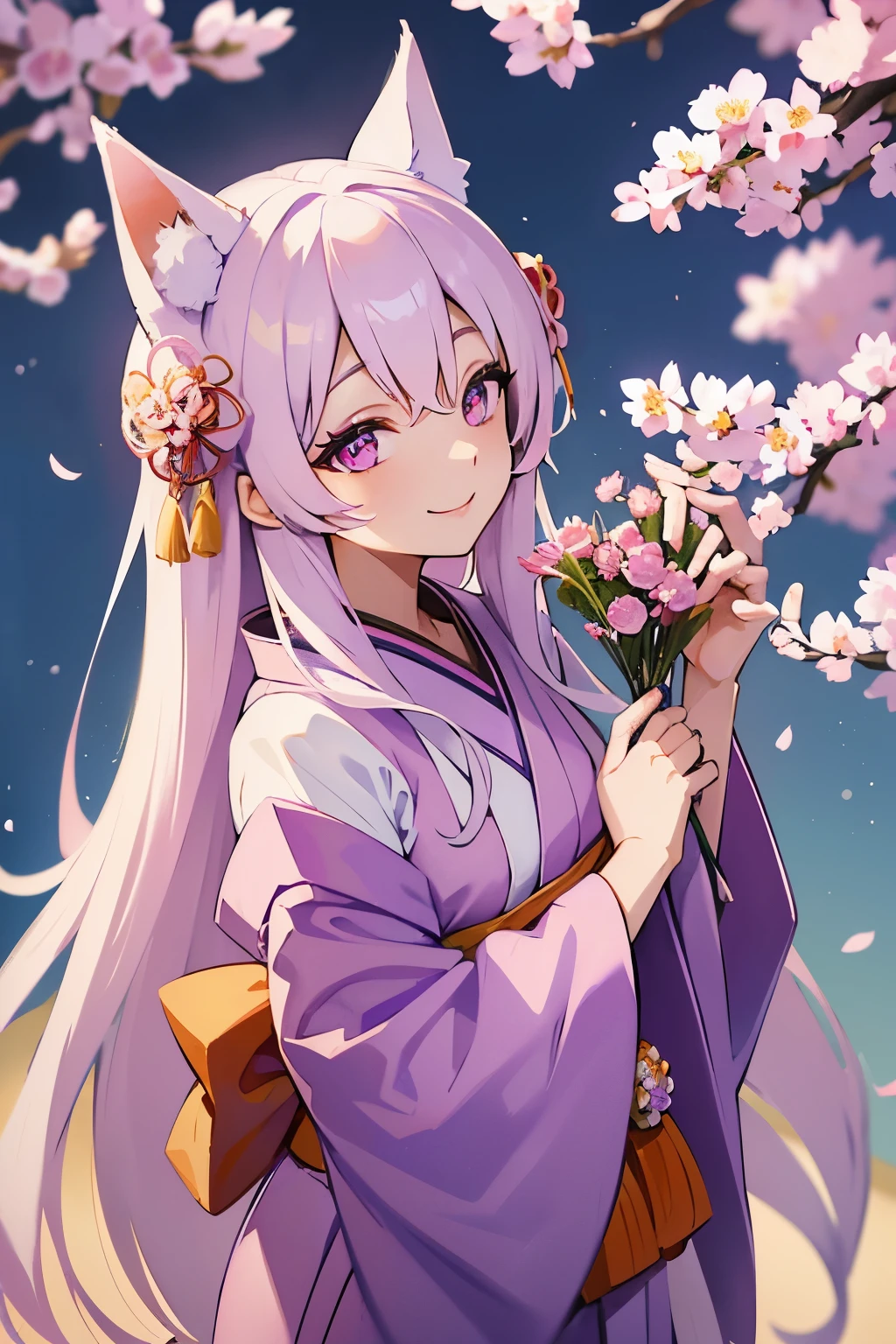 girl with long white hair with fox ears wearing purple pink kimono, furisode, holding a bouquet of sakura flowers. Upwards camera angle, smiling sweetly. holding flowers. monocromatic eyes of blue and green. best quality, high resolution