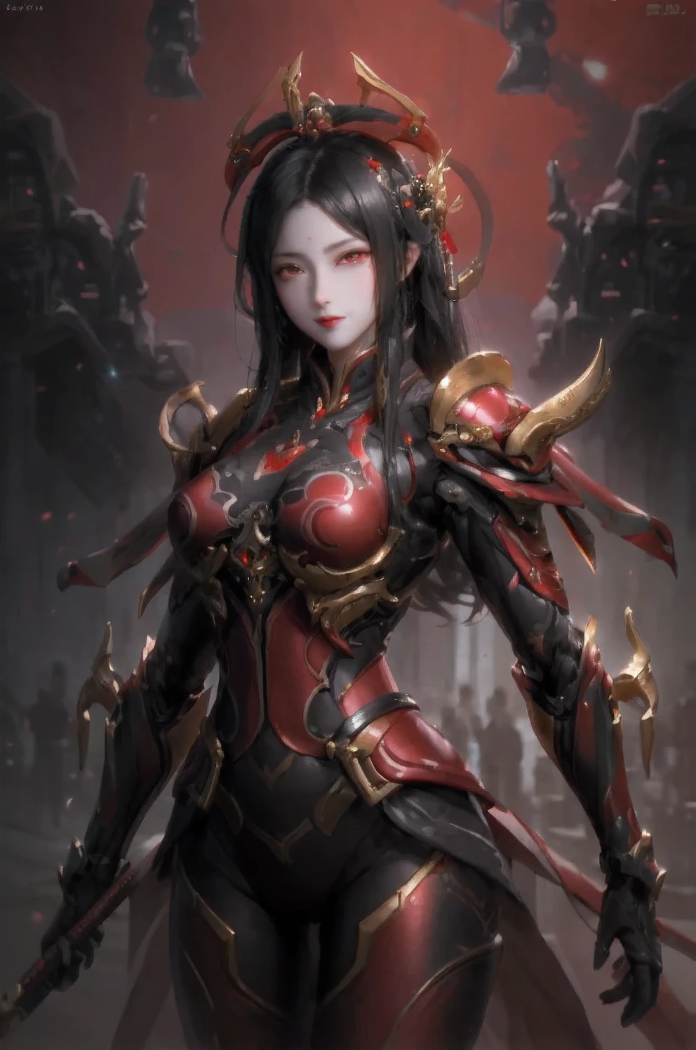 JOJO立ちするcyborg少女、Horned demon with bright red wings falling from the sky, (RAW Photos), Beautiful Effects, Vibrant colors, The body is made of dragon scales,  of the Dragon God、Ray Tracing, Tabletop, highest quality, super high quality, 不条理なdetailed, (The best light), (Best Shadow), sharp, Clear images, detailed, 非常にdetailed, High resolution, 8k, 4K, Hmph, Volumetric, detailed black armor, (Particle Effects), Creative image backgrounderged with the machine、The body is made by machine、Our bodies are made of machines、A beautiful, very detailed porcelain woman in profile、cyborg、Robot parts、150mm、Beautiful studio soft light、Rim Light、鮮明なdetailed、Gorgeous cyberpunk、Ren Hao、Surreal、Anatomical、nsfw meat、Cables, Wires, Microchips、elegant、Beautiful background、Big Red Full Moon、AI-Generated Paintings by Sea Art、It depicts a fascinating image of yin and yang., (highest quality, Exquisite design, The The best lighting, Better shading).High heels、Angle from below the knee、anklet、Red background on red moon background、Red eyes、The flame that burns everything、disaster々burn、disaster々It gives off an aura、