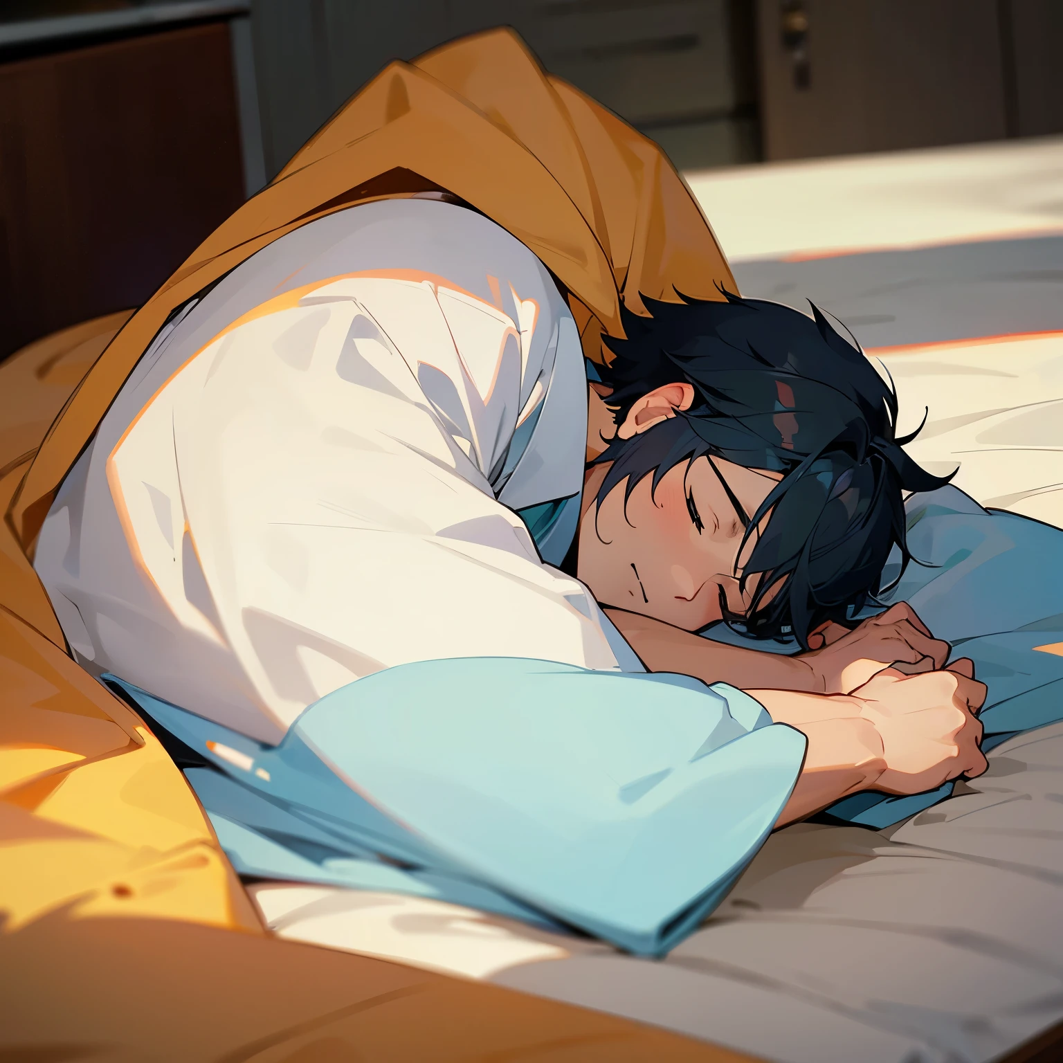 Handsome anime boy was fall asleep on the desk after spending hours of study session with blanket wrap around him