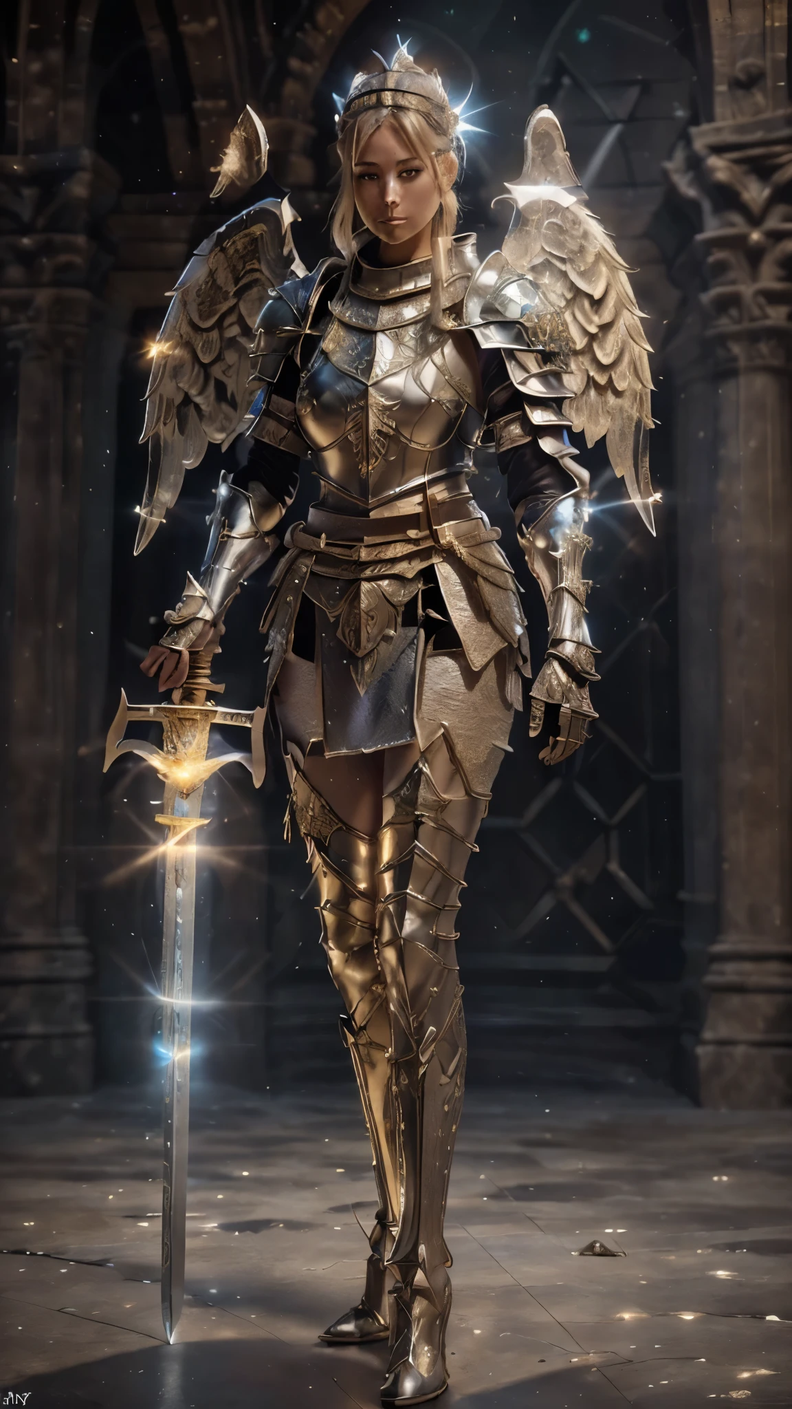 (5 Female Knights:1.3), armor girl, gorgeous female paladin, Bikini Armor Female Knight, Beautiful Female Knight, The Girl in the Knight's Armor, Female Paladin, Beautiful Female Knight,(full body shots:1.8), (full-body standing image:1.8), valkyrie, (Frontal shots:1.2), MEDIEVAL ARMOR, KNIGHT TEMPLARY WOMAN,  skirt ARMOR, (full-body standing image:1.8), (upper body up:0.3), (hyper realistic:1.4), (realistic:1.3), (best quality real texture skin), (The Celestial Warrior Angel of the Lord: 1.6), (Holds the hilt of a sacred straight sword with elaborate decoration that emits a mysterious glow: 1.9), (finely detailed true circle Symmetrical eyes), (finely drawn beautiful face), (Angel ring of divine radiance floating overhead: 1.8), ((medieval world)), (Full-body armor with delicate decorations that gives off a divine shine:1.8,  (hyper-realistic lifelike texture:1.4)
