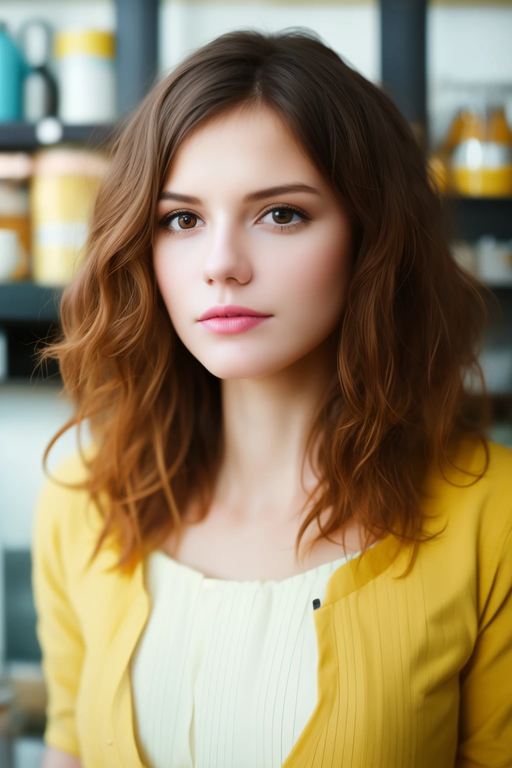 a woman wearing a yellow and jeans standing in coffee bar, in the style of Oleg Oprisco, video, Jocelyn Hobbie, soft, muted tones, close up, wavy, Nick Knight
