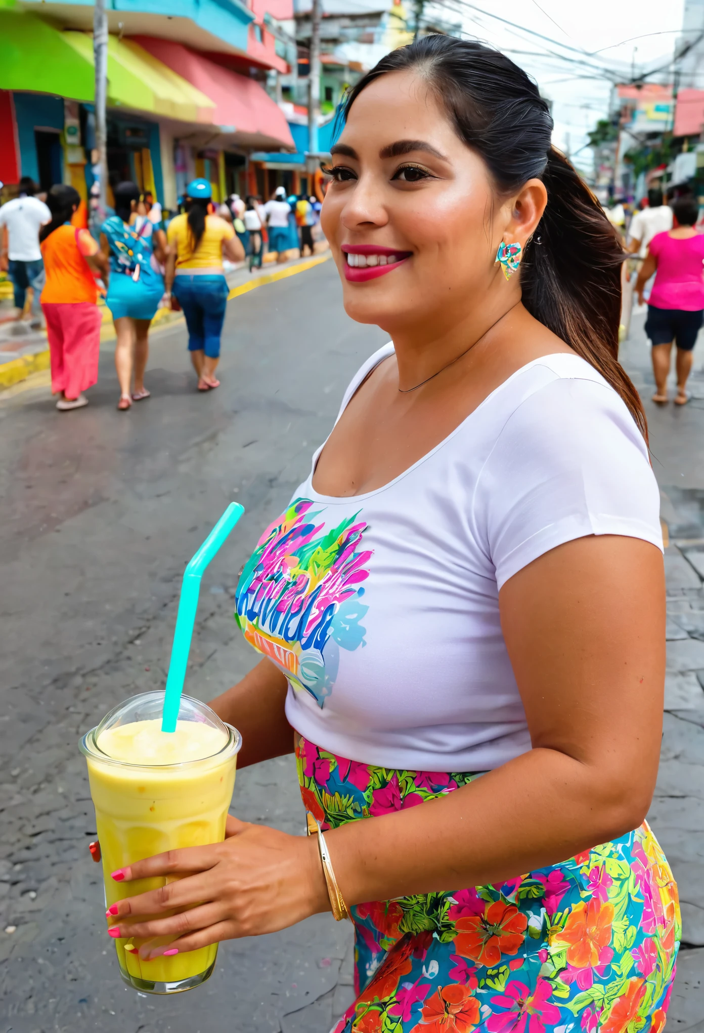 A beautiful 25 Yrs Old Mexican Hispanic Latina female, young, white skin tone, black hair. Eye Color is Brown, Busty, Curvy chubby waist, thick thighs, standing, posing by a market stall, navigating through the bustling marketplace, wearing a traditional Mexican blouse, tight denim shorts, smiling , colorful accessories, Colorful Mexican Marketplace setting, Tianguis setting, day time, photorealistic, alone, very detailed, talking selfie, selfie full body shot, showing navel, showing the complete hip