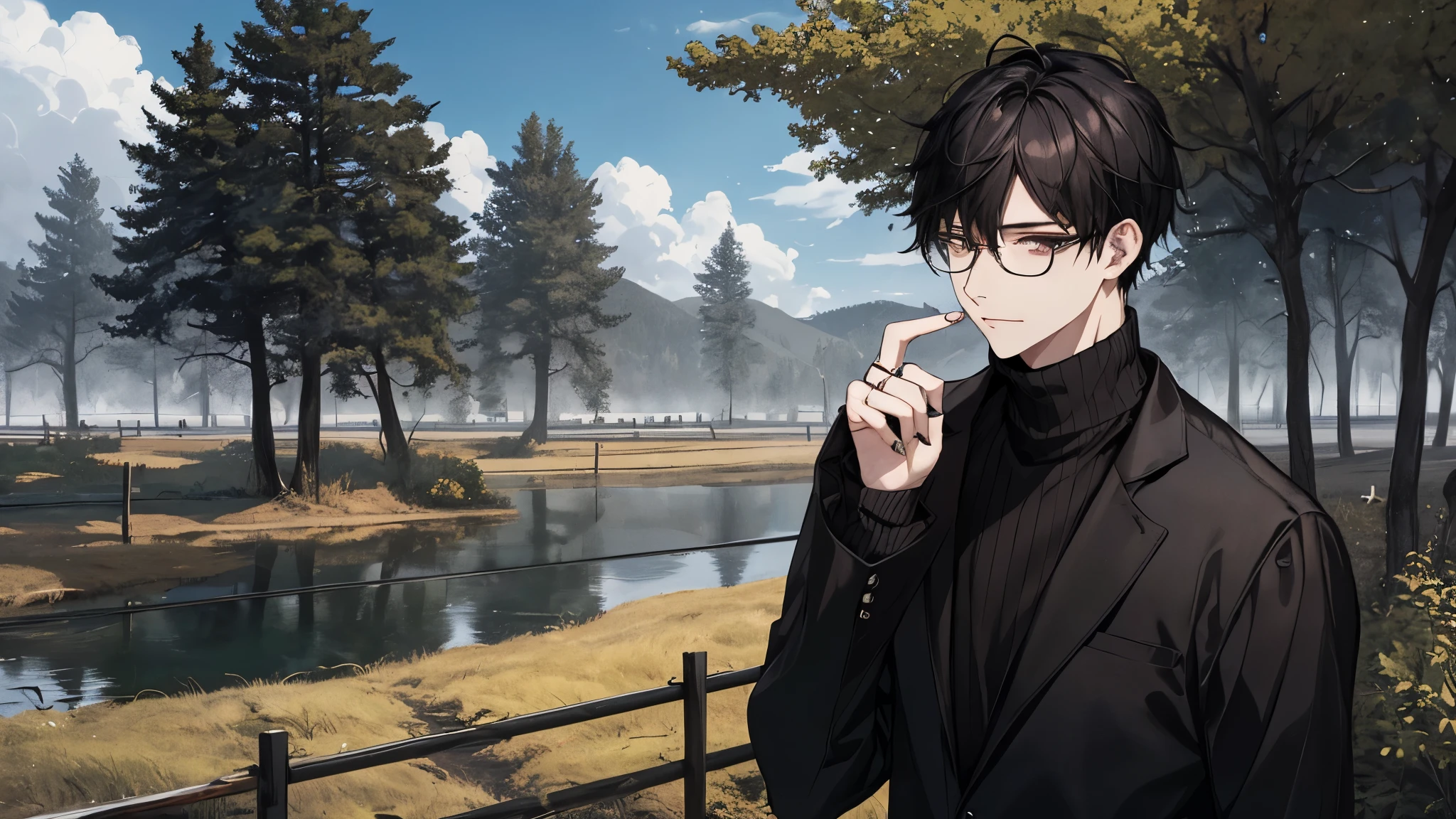 1 guy, black jeans, Black sweater, press, thin, pale, rings on fingers, black nails, glasses, Black hair, a little sporty, Glass eyes, Brown eyes, Nature, rural feel, clouds, trees, Houses, hay, бабglasses, sunlight, water, wharf, Warm,