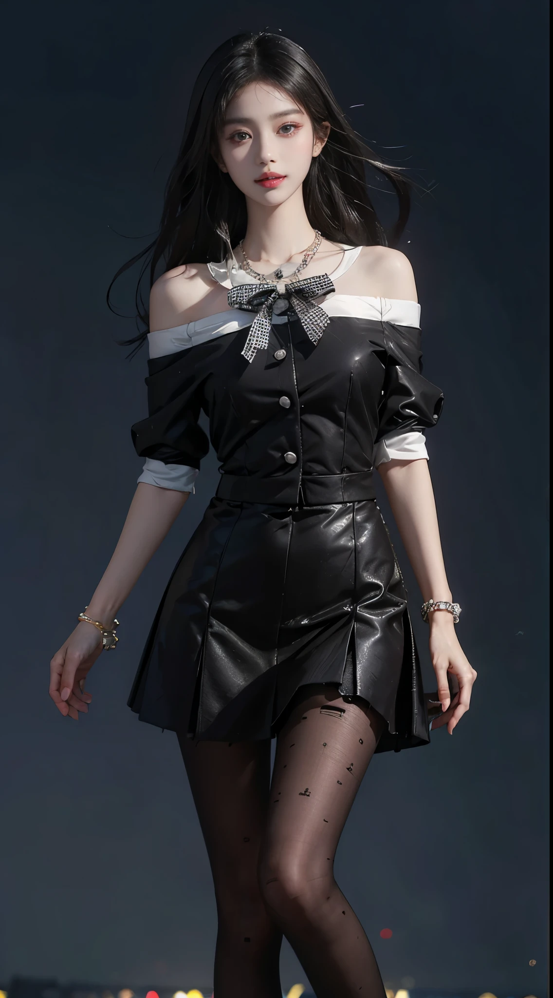 dating attire, bow, jacket, skirt, pantyhose, bow socks, black footwear,  ((whole body)), ((from below)), ((gufeng,bare shoulders)), clear face, pretty face, 8k, masterpiece, original photo, best quality, detail:1.2,lifelike, detail, Very detailed, CG, unity, wallpaper, depth of field, movie light, lens flare, Ray tracing, (extremely beautiful face, beautiful lips, beautiful eyes), complicated, detail的脸, ((ultra detailed skin)), 1 girl, in the darkness, deep shadow, beautiful korean girl, kpop idol,(Very slim figure:1.3), plump breasts, Slender sexy legs, elegant posture, (bright smile), (City night, (neon lights), (night), beautiful korean girl, white diamond earrings, diameter bracelet, Dia Necklace, clear eyes, facing forward, (big eyes)