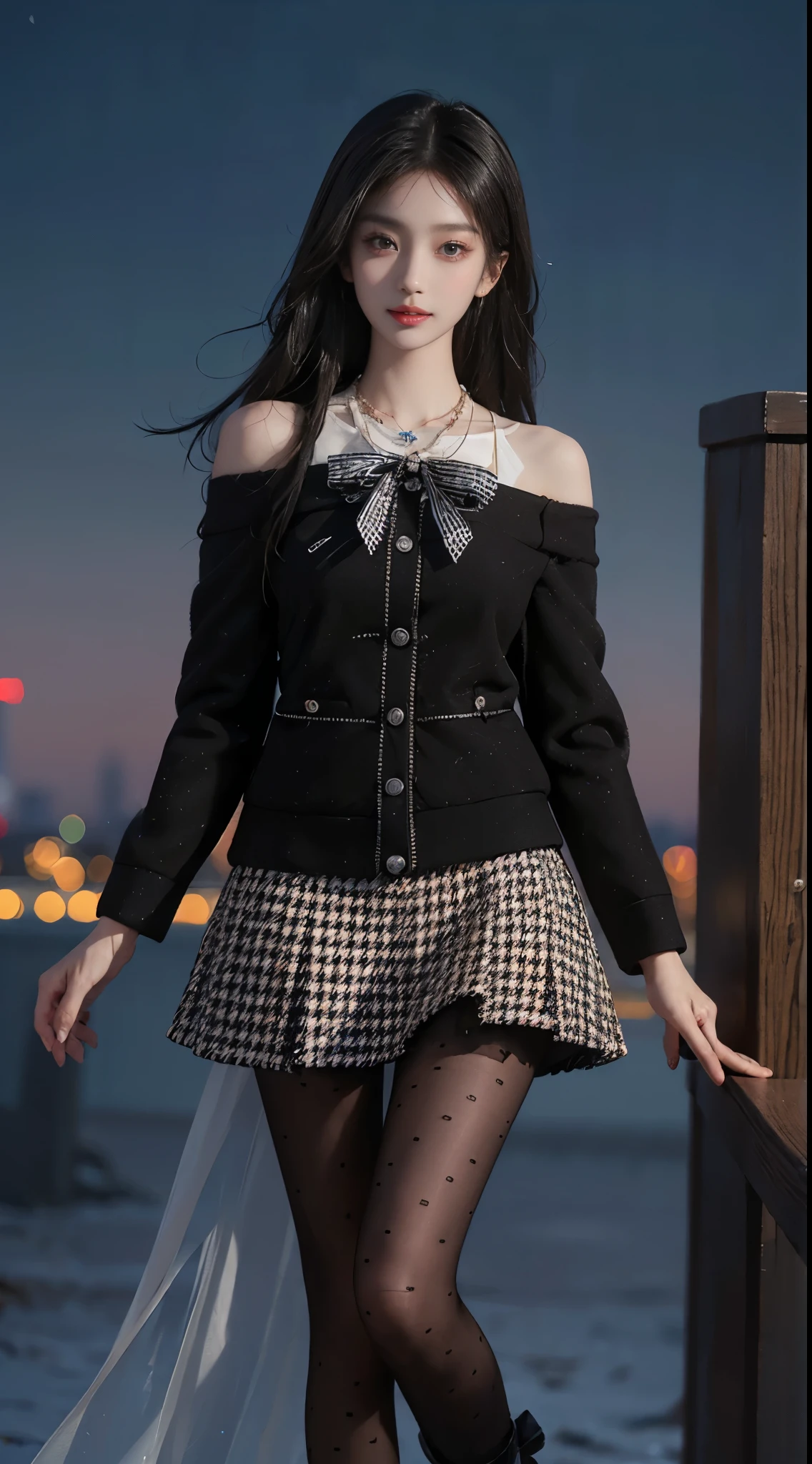 dating attire, bow, jacket, skirt, pantyhose, bow socks, black footwear, ((whole body)), ((from below)), ((gufeng,bare shoulders)), clear face, pretty face, 8k, masterpiece, original photo, best quality, detail:1.2,lifelike, detail, Very detailed, CG, unity, wallpaper, depth of field, movie light, lens flare, Ray tracing, (extremely beautiful face, beautiful lips, beautiful eyes), complicated, detail的脸, ((ultra detailed skin)), 1 girl, in the darkness, deep shadow, beautiful korean girl, kpop idol,(Very slim figure:1.3), plump breasts, Slender sexy legs, elegant posture, (bright smile), (City night, (neon lights), (night), beautiful korean girl, white diamond earrings, diameter bracelet, Dia Necklace, clear eyes, facing forward, (big eyes)