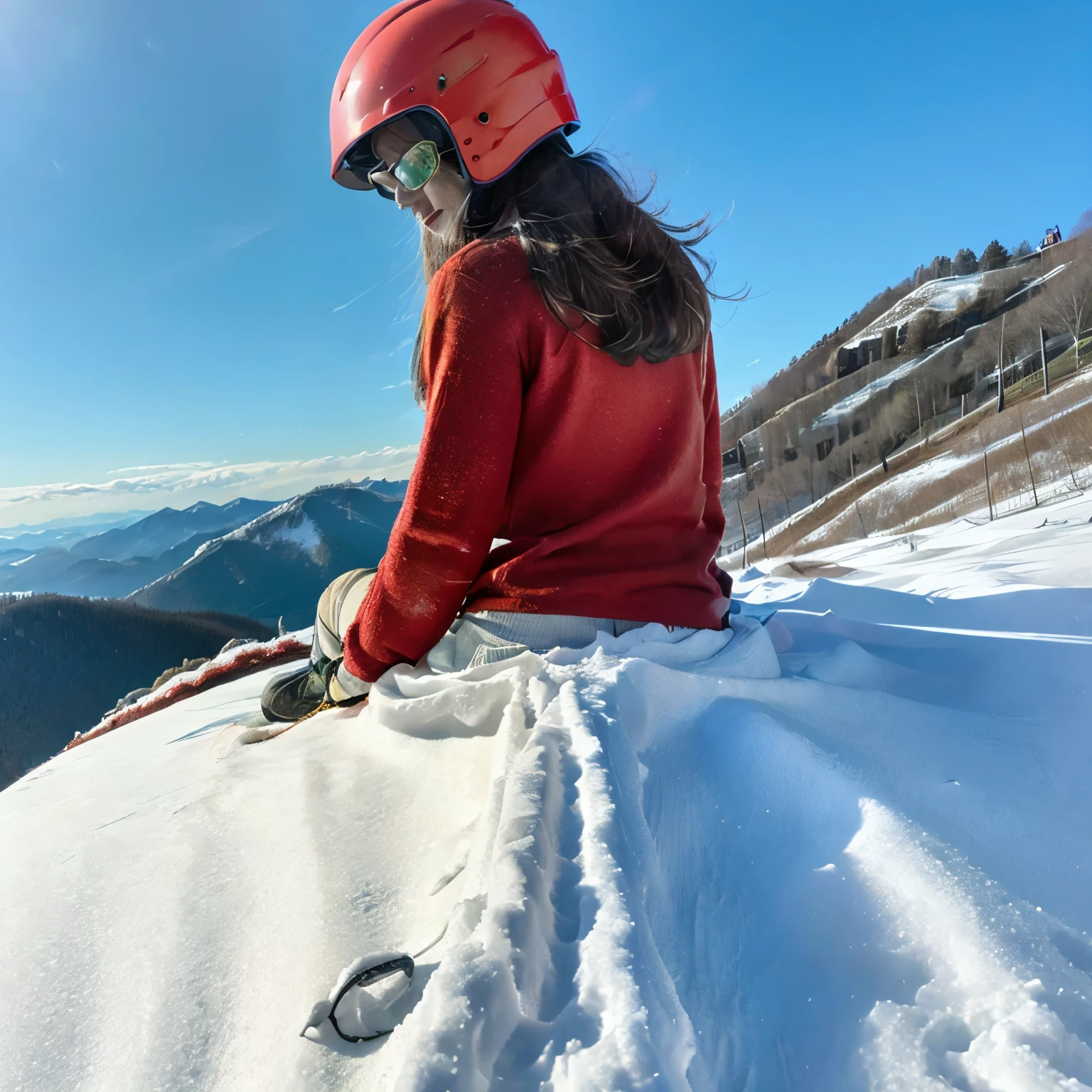 Winter mountain snow mountain climbing 20 year old girl red wear helmet looking back at the mountaintop