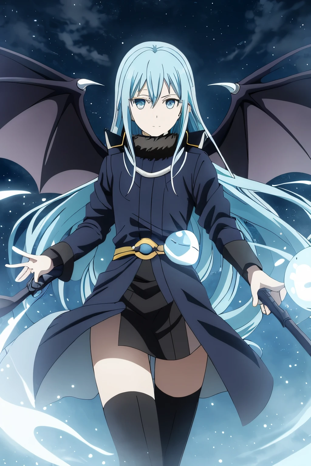 (best qualtiy, Realistic:1.37), Detailed and vibrant art style, neutral tones, Focusing on the anime character Rimuru "That time、I was reincarnated as a slime". The scene introduces Rimuru in a calm and quiet atmosphere, Represents his calm and calm nature. Rimuru is depicted with beautiful blue eyes and straight blue hair, Carefully detailed to highlight all strands. The characters are drawn with a neutral facial expression, Exudes a sense of power and wisdom. Rimuru is seen wearing a long, flowing white robes, Further highlight their ethereal presence. In the background, Rimuru has black wings on his back, Symbolizes the transformation into a powerful demon lord. Additionally, Around Rimuru are large bat wings, Add elements of mystery and intrigue. The artwork is、Captures the essence of Rimuru's characters and their journey throughout the series. The lighting in the scene is soft and diffused, Emitting a gentle light to Rimuru、Create a peaceful atmosphere. The overall color palette is dominated by cool tones, different shades of blue and white, etc., Evokes a quiet, otherworldly atmosphere. This masterpiece artwork is、Shows intricate detail and artistry, Reflect the skills and talents of artists.