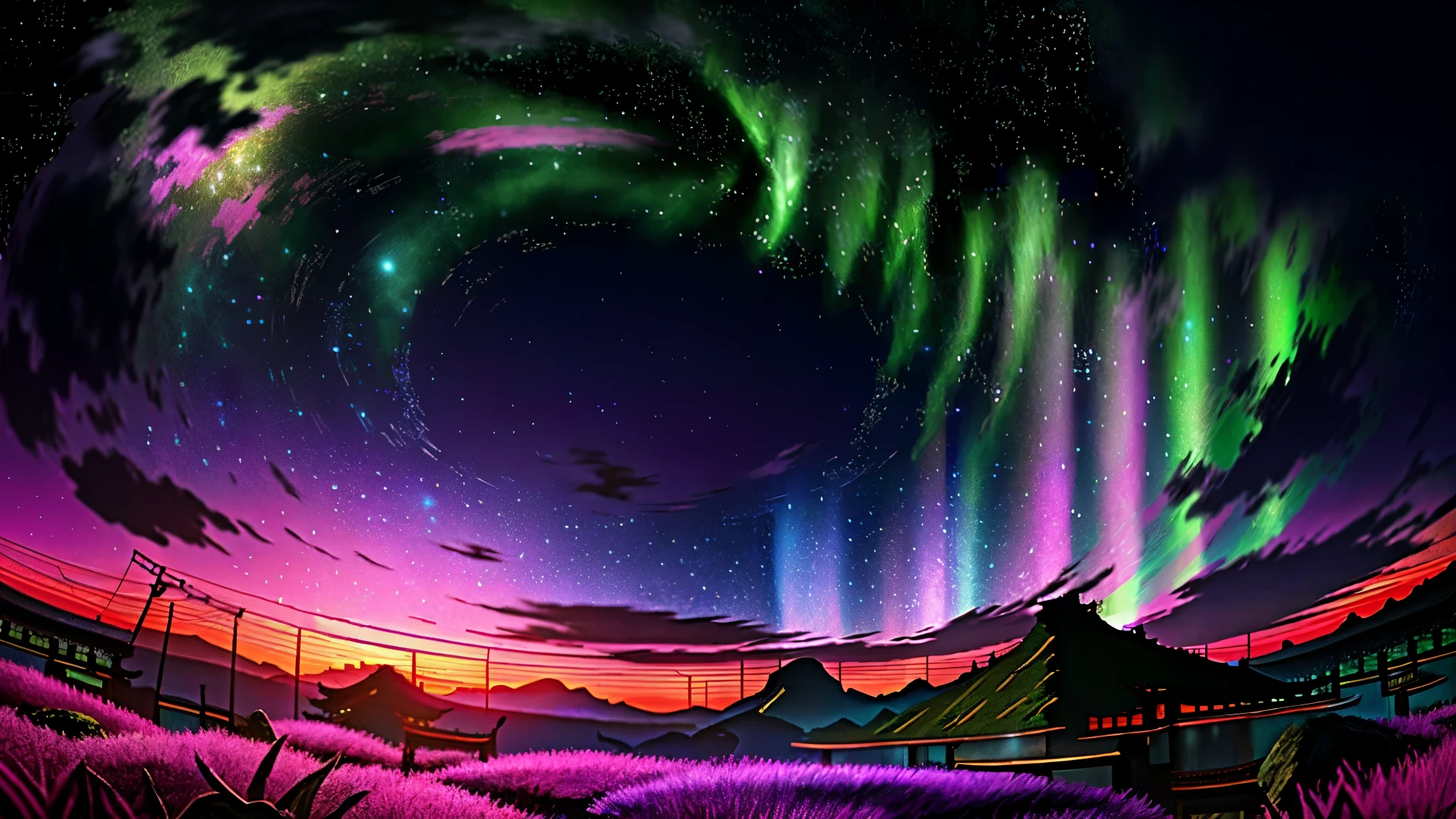 The picture is bright,Plenty of lighting. no humans. (((Xin Haicheng style)),pixiv,anime drawing,high quality,pink purple sky,Beautiful scenery),(universe,train passing by,Magical Realism,((Xin Haicheng style)) ::0.8), [Artistic atmosphere, atmosphere:0.8, starry sky, hills, snow mountain, soda water, Grass, trees, smokes, Star, low angle of view, specular scattering,