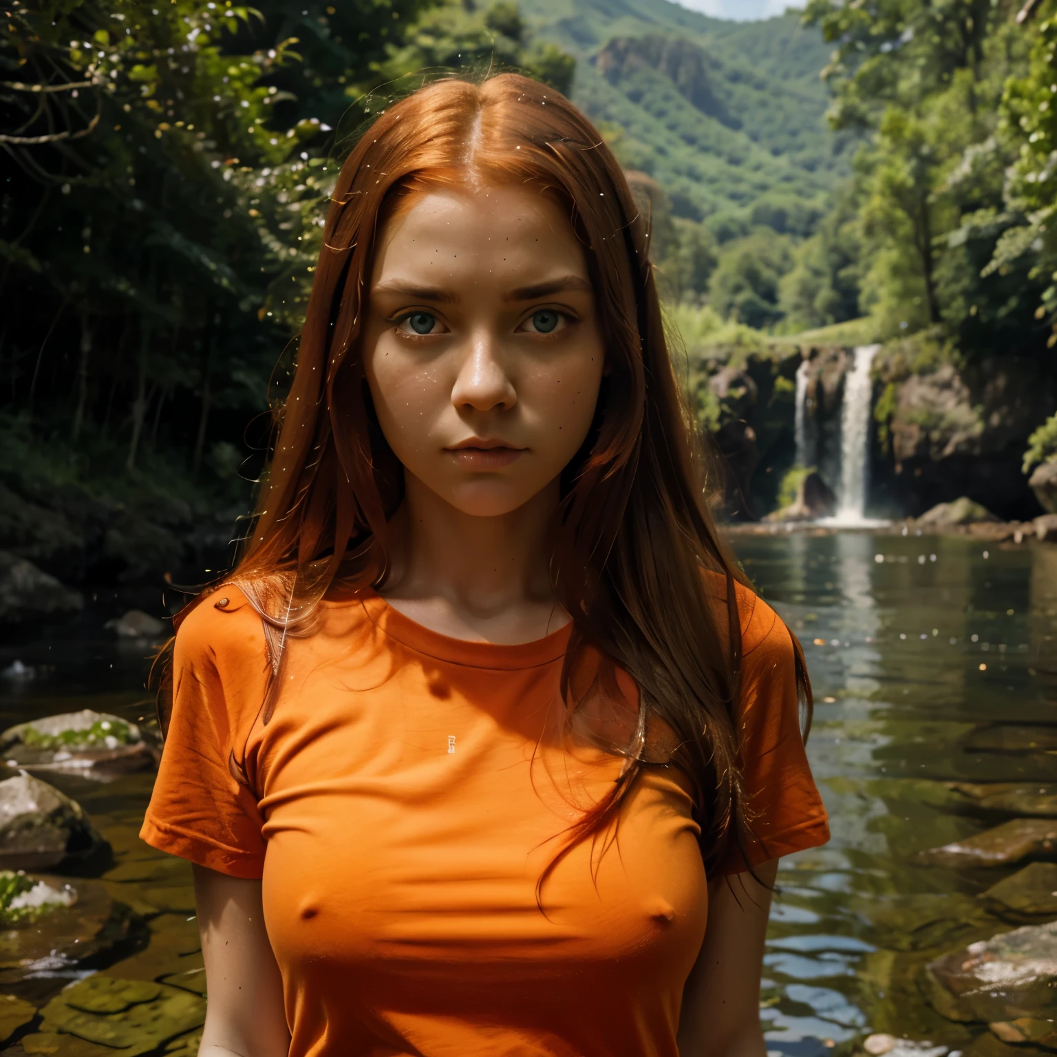 Orange t-shirt, long red hair, girl, big eyes, green mountains and green water,grab a knife, serious face, , red eye