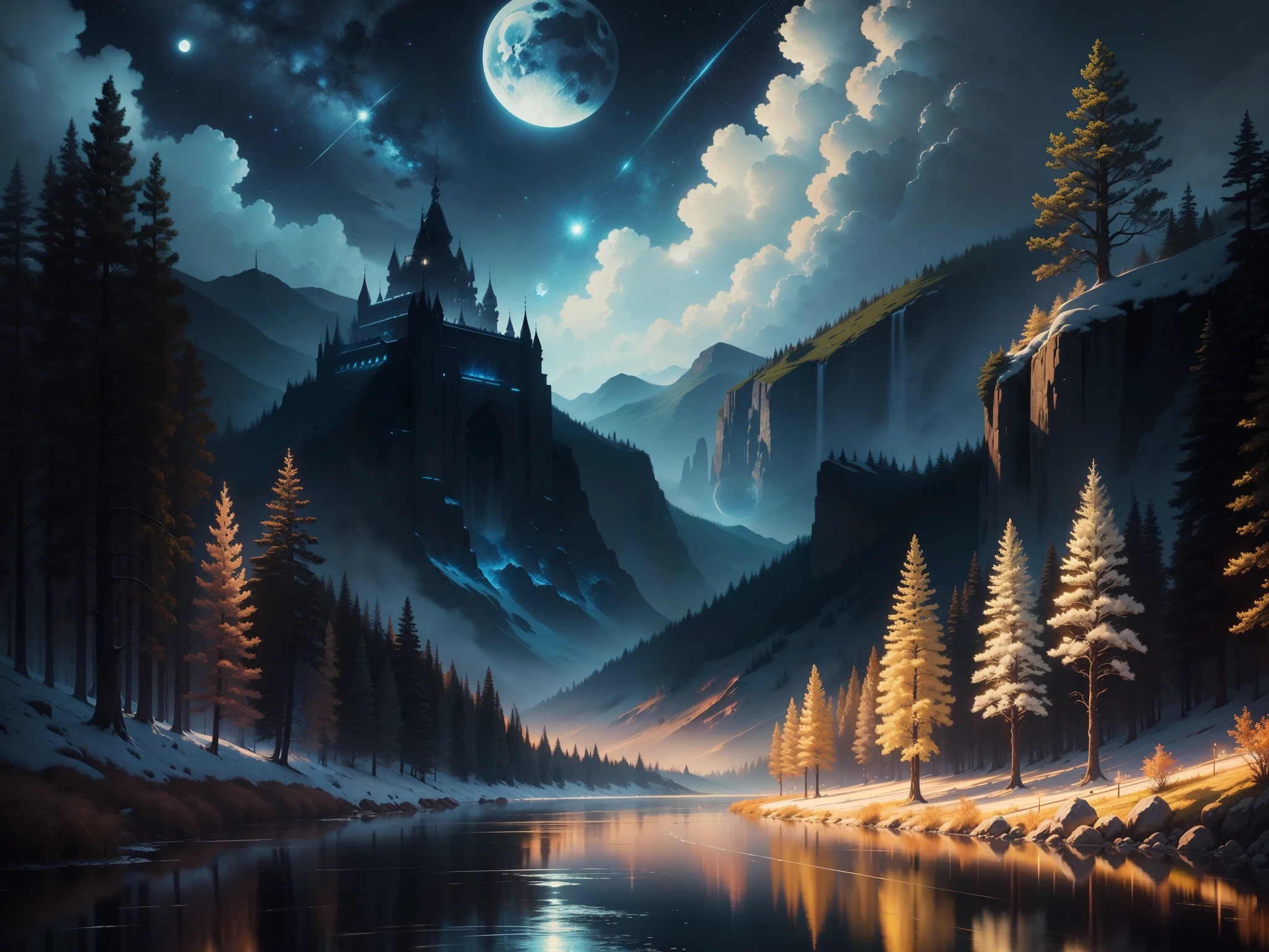 A painting of a river with stars and moon in the sky, concept art inspired by Tosa Mitsuoki, pixiv contest winner, best quality, fantasy art, beautiful anime scene, a bright moon, moonlit starry environment, dream painting, Anime Background Art, Fantasy Landscape Art, Fantasy Night, Anime Background, Background Artwork, Fantastic Art, Atmospheric Anime, Starry Sky, Detail Enhanced.