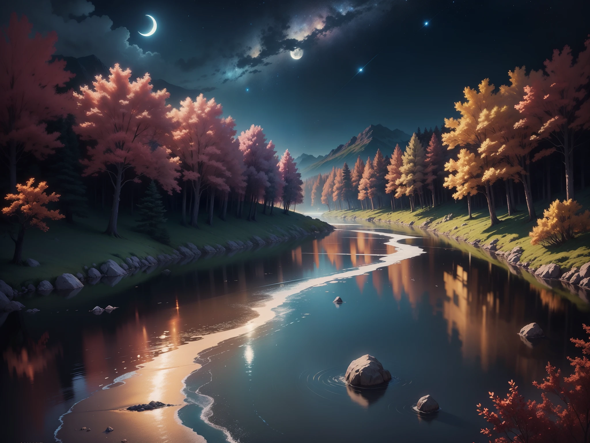 A painting of a river with stars and moon in the sky, concept art inspired by Tosa Mitsuoki, pixiv contest winner, best quality, fantasy art, beautiful anime scene, a bright moon, moonlit starry environment, dream painting, Anime Background Art, Fantasy Landscape Art, Fantasy Night, Anime Background, Background Artwork, Fantastic Art, Atmospheric Anime, Starry Sky, Detail Enhanced.