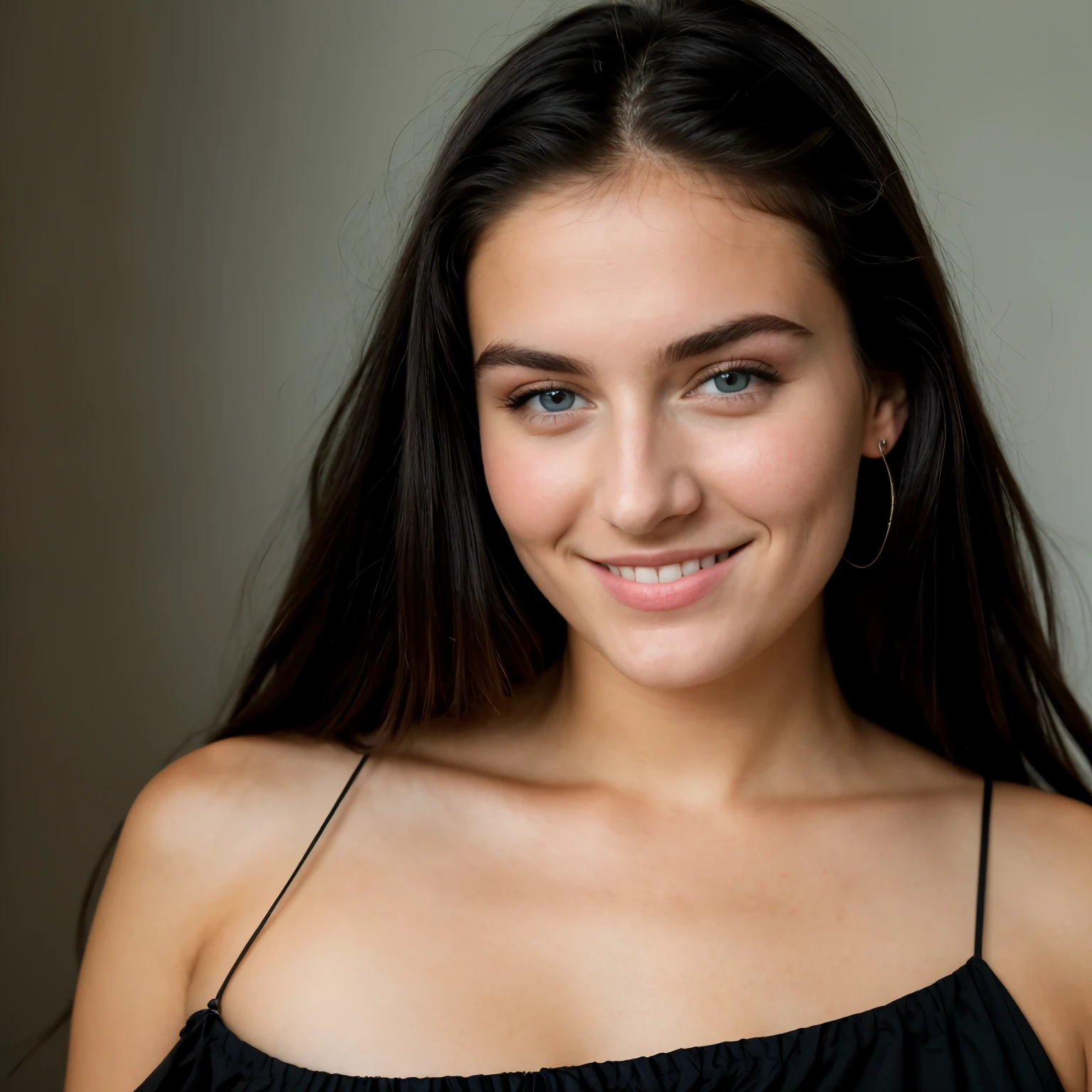 RAW-Foto, Face portrait photo of the beautiful 22 year old woman named Lilly, niedliches Gesicht, wears a black dress, Happy face, harte Schatten, filmische Aufnahme, dramatische Beleuchtung, erkennbare Textur der Haut, Blue eyes, face in the middle of the picture