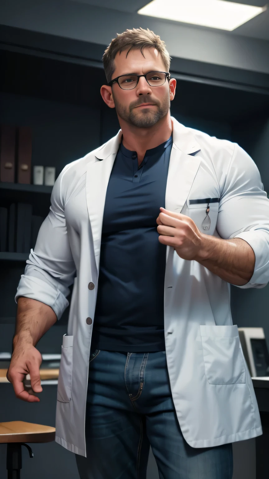 An award-winning original photo,A wild muscular man, (40 years old daddy:1.1), 1boy, Solo, doctor, (white lab coat, formal blue shirt, Stethoscope), black with gray hair, (big shoulder), musculature, stubbles, Short beard, wearing glasses, smiles, Dynamic Angle, volumetric lighting, (Best quality, A high resolution, Photorealistic), Cinematic lighting, Masterpiece, RAW photo, Intricate details, hdr, depth of field, from below