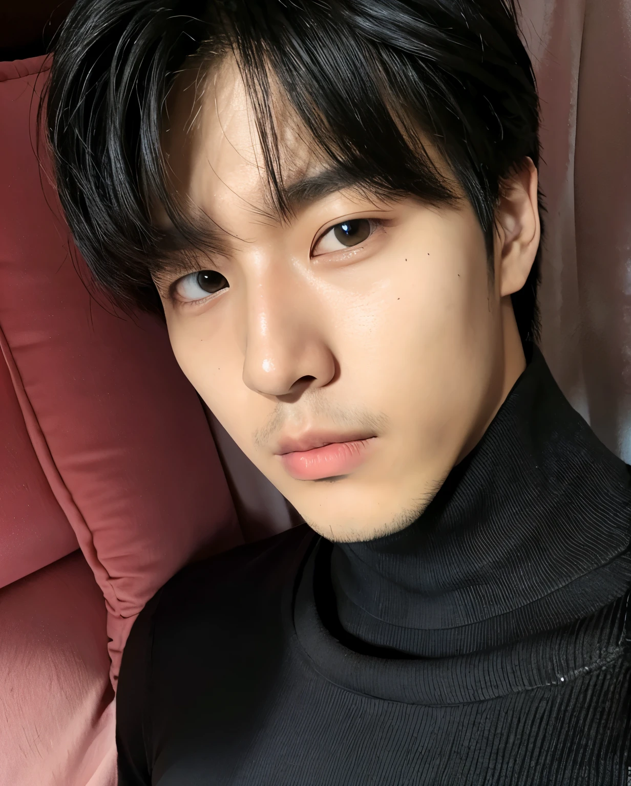 tall guy, black turtle neck sweater, resting in bed, selfie, extreme close up shot