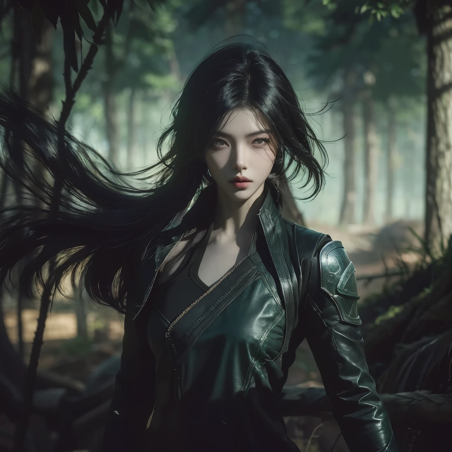 lifelike, high resolution, League of Legends，Akali,high resolution,Original picture，rich background，game design，Filter，dark void，Hollow，light and shadow art，Texture，wallpaper，Character details HD，model effect。background forest，Battle wind。