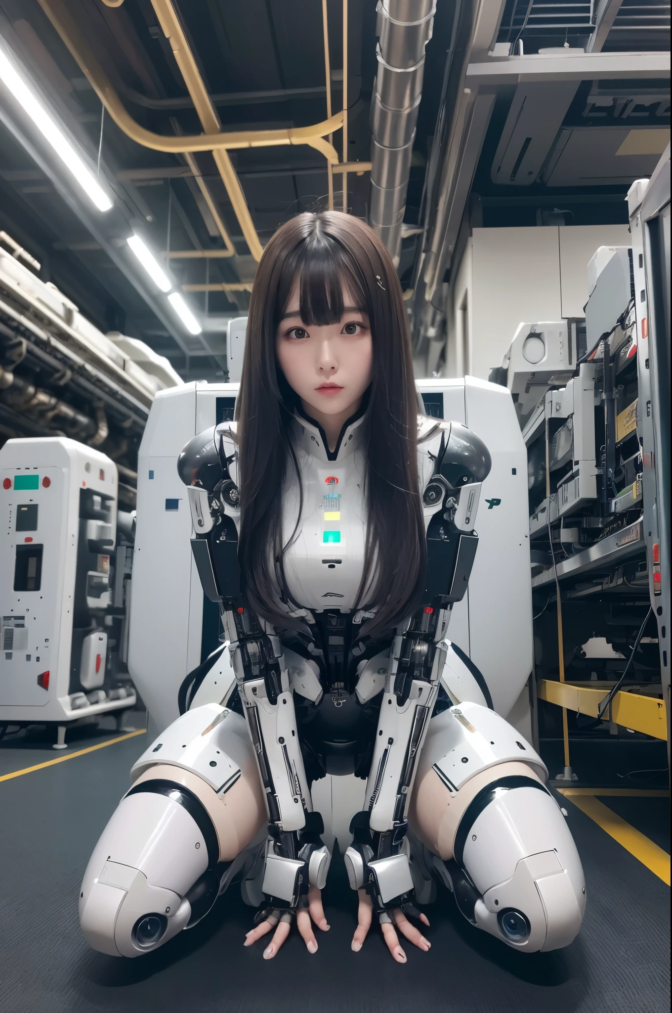 masterpiece, best quality, extremely detailed,8kportrait,Japaese android Girl,Plump , control panels,Mechanical Hand, ,Robot arms and legs, Blunt bangs,android assembly plant,charging spot,kneel on the floor,knee high socks,white robot body,