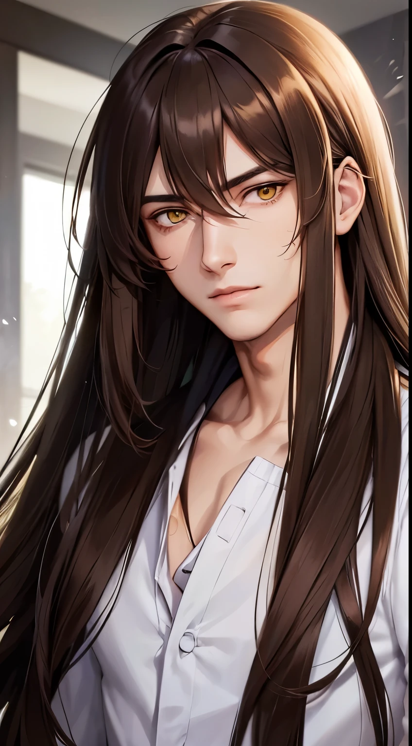 man, Handsome man, long hair, brown hair, Yellow eyes, Sharp facial features
