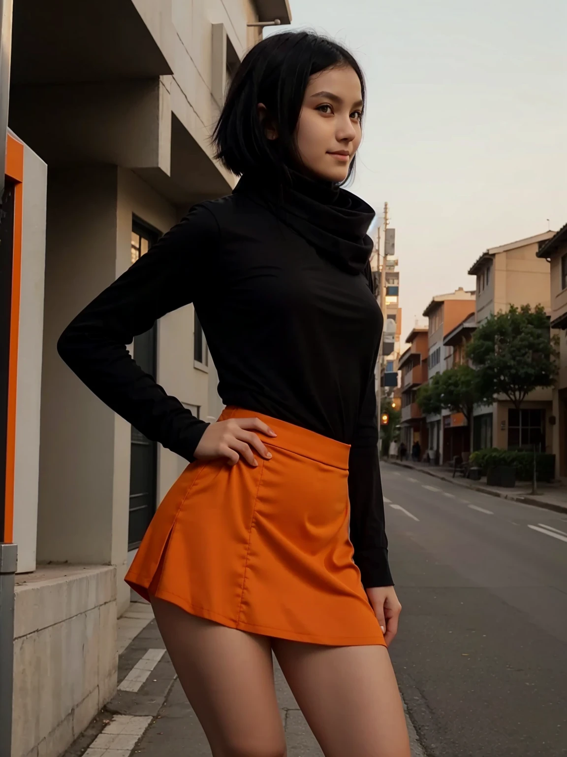  skinny short girl, 150cm height, tucked black shirt long sleeves, orange skirt, black scarf, black hair, slight smile