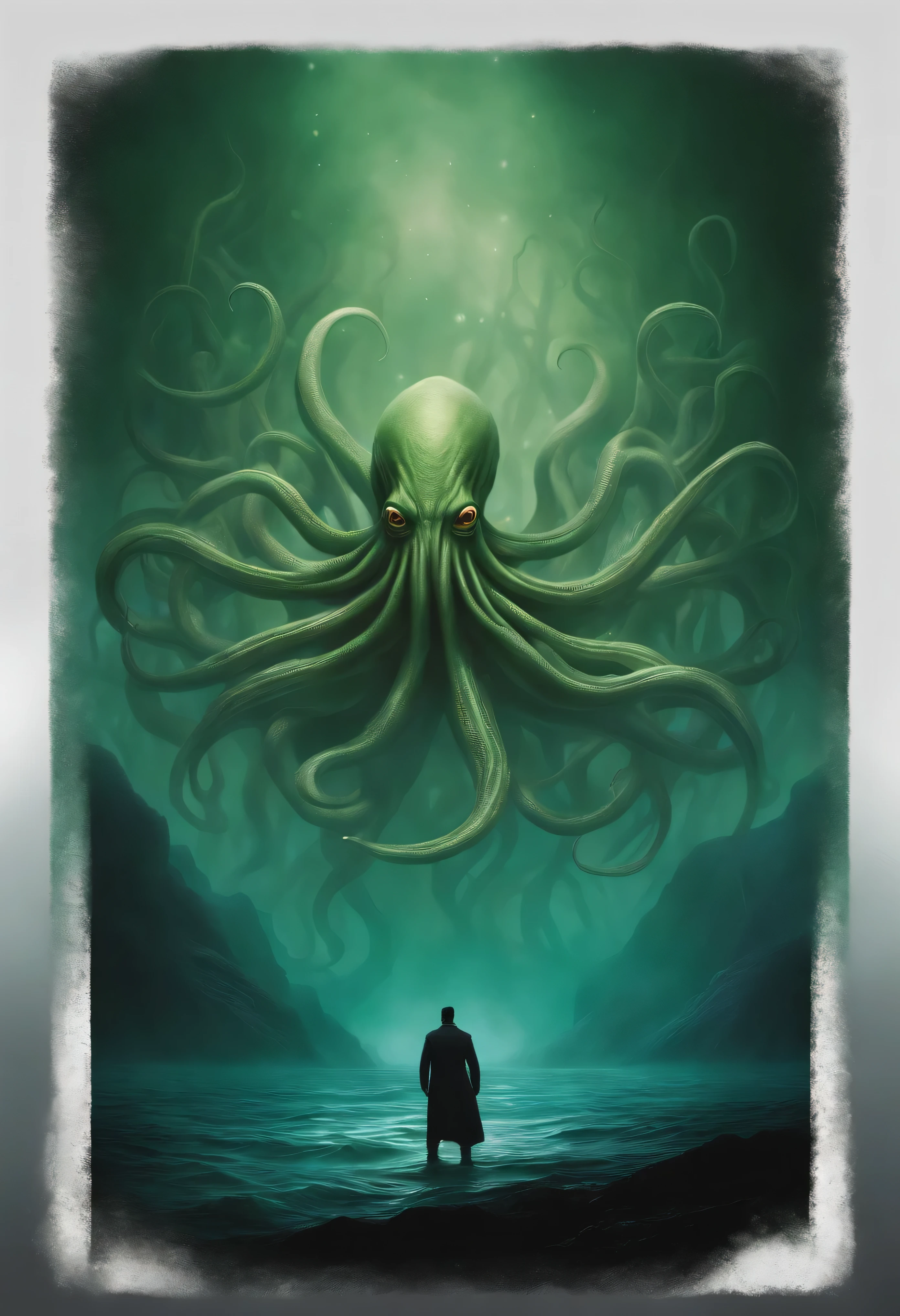 Cthulhu, The squid-headed alien god and the sprawling limbs of H . p. Lovecraft, venant envahir le monde humain, surrounded by&#39;a greenish mist coming from the rough sea. Humans flee its presence. vue d&#39;Ensemble, ambiance froide dans les vert et bleue avec de la brume. Realistic photography . capture dans le style photographique d'Alexandria Ramon, chef-d&#39;Ouvrages d&#39;art, Photo brute, best quality, illustration ultime, ultra-detailed, 16k, extremely detailed.