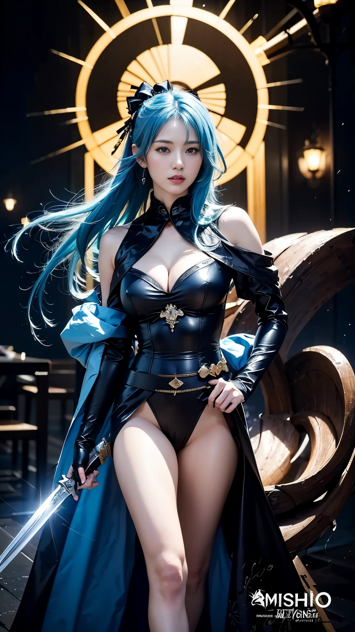 (masterpiece、Award-winning work、Realistic、high-resolution:1.5)、A beautiful girl with blue hair and a sword in a black costume, portrait zodiac girl, zodiac girl, ayaka Genshin impact, extremely detailed art germ, keqing from Genshin impact, Trending with Art Station Pixiv, up to the model | art germ, official artwork, art germ on artstation pixiv, Genshin
