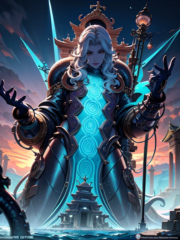 giant squid、kraken、atlantis、sea temple、UHD, retina, masterpiece, ccurate, anatomically correct, textured skin, super detail, high details, high quality, best quality, highres, 4K