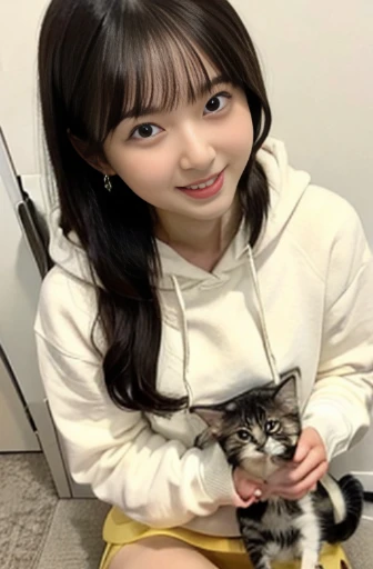 best quality, detailed, beautiful, insanely detailed, absurdres,perfect anatomy,
Japanese woman,black hair,27 years old,
(slender),
(small breasts),
laughing, curly hair, (white hoodie, yellow skirt:1.2),(holding a cute kitten:1.2), cowboy shot, from above