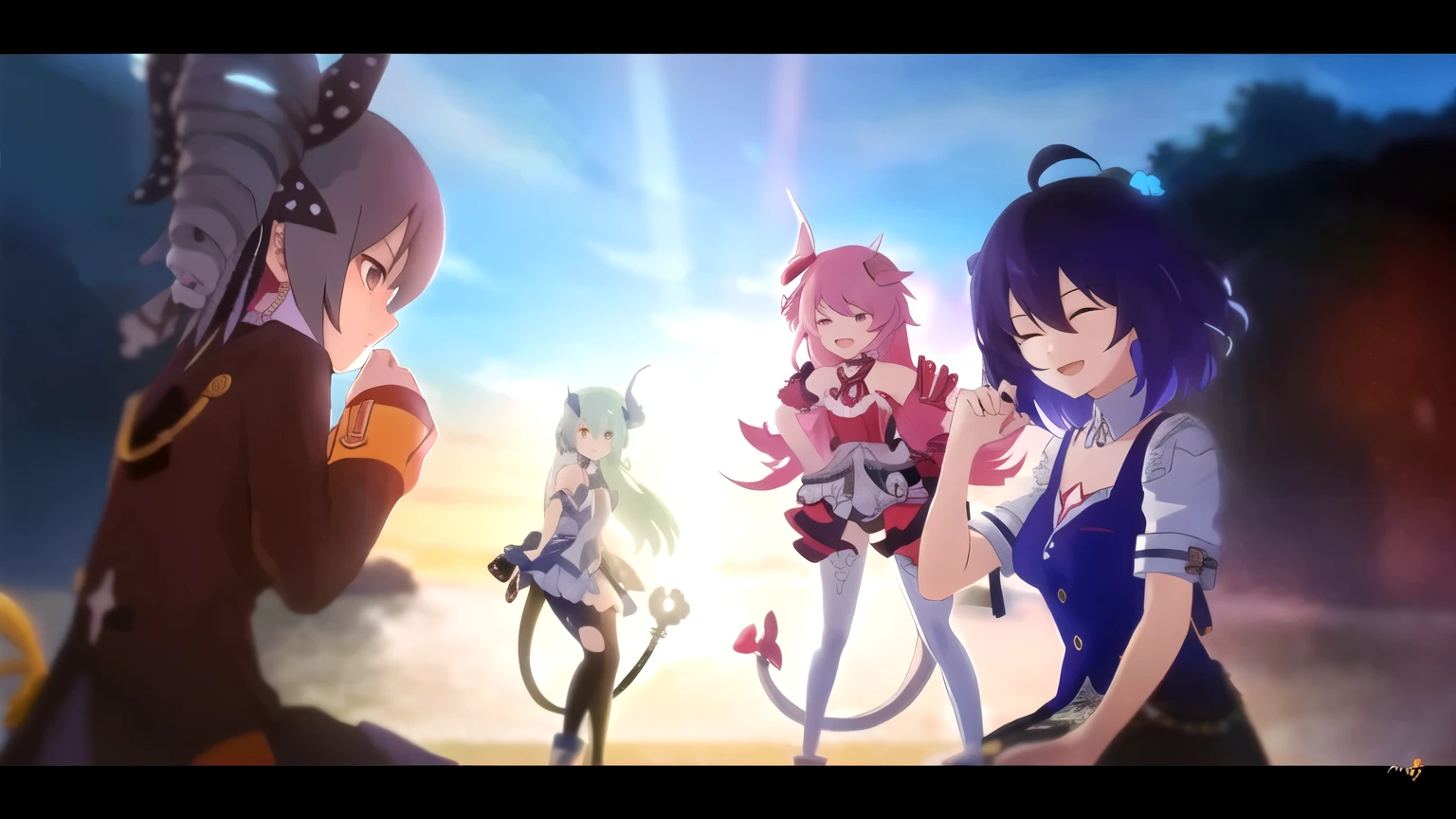 Anime characters standing in a row against a background of the sky.