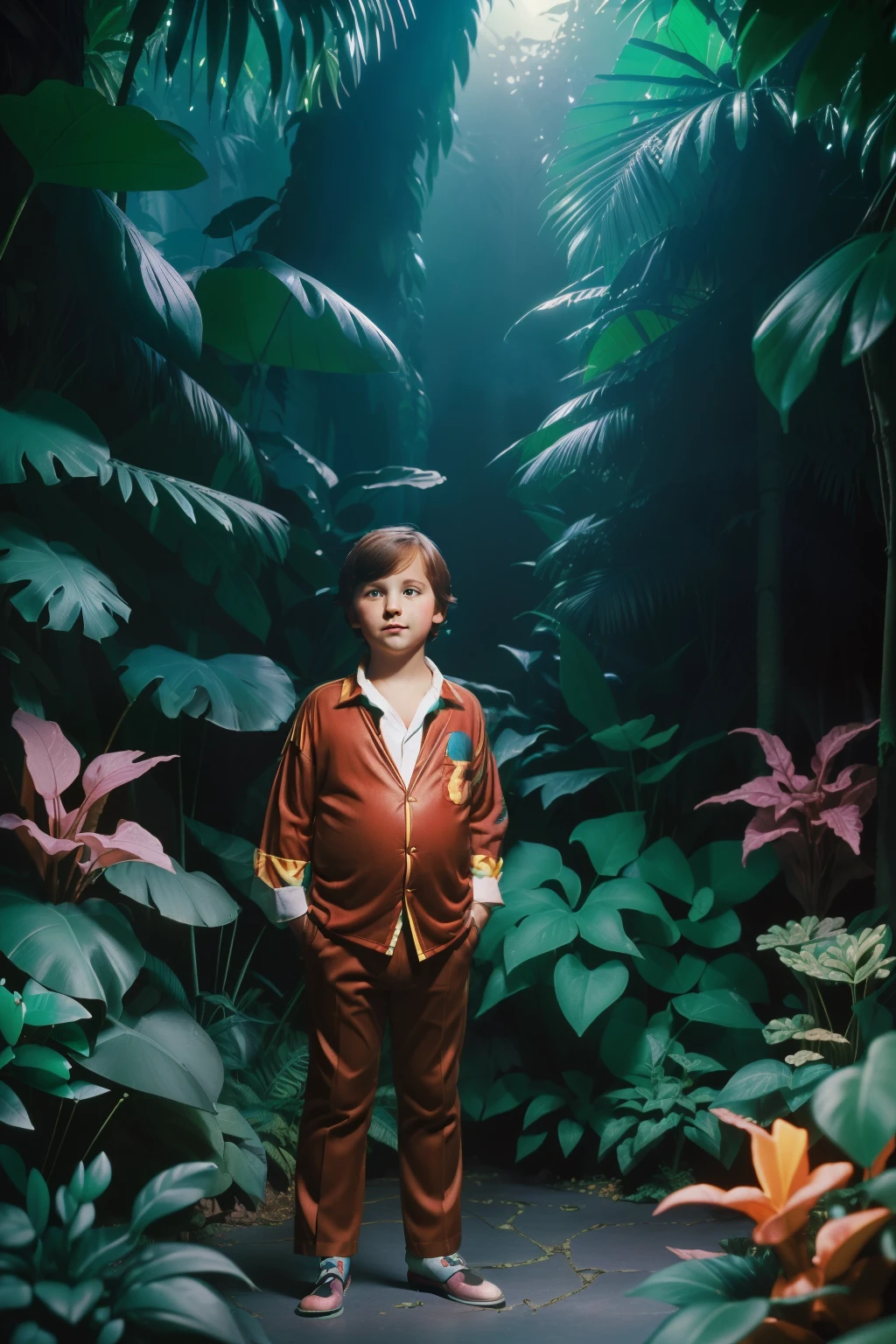 Fairytale Kingdom of Fantasia, Perilin the Night Forest. ((((10-year-old)) Bastian Balthazar Bux)), shy, fat boy, lively eyes. ((((casual clothings from the 1970s)))), ((dark chestnut hairstyle of the 1970s)). ((amazed expression)), in a ((colorful jungle with neon and fluorescent plants)).