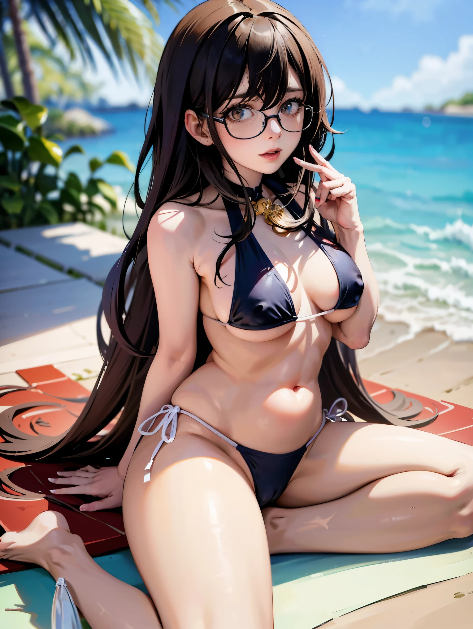 a woman in a bikini and glasses sitting on a beach, a character portrait by Shitao, pixiv contest winner, serial art, extremely detailed artgerm, at a beach, at the beach, cushart krenz key art feminine, top rated on pixiv, kantai collection style, guweiz, style artgerm, swimsuit