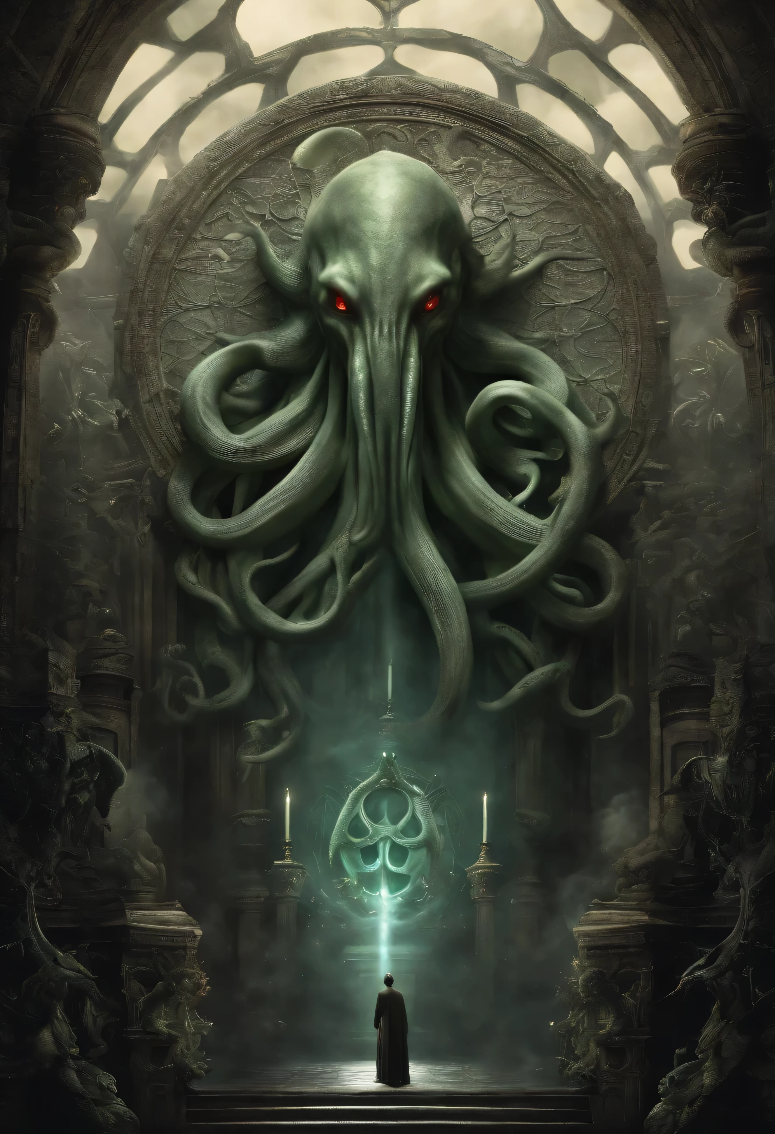 Dans les profondeurs de l'étendue cosmique, a dark deity awakens,
Cthulhu, l'ancien, avec des tentacules qui font trembler les coeurs.
Un être au pouvoir immense, beyond mortal comprehension,
Sortir de l&#39;Abyss, announcing the&#39;ascension cosmique.

With grotesque form and imbued madness,
Cthulhu, le grand vieux, brings terror and truth.
De la ville engloutie de R'lyeh, he wakes up,
Avec un culte d'adeptes prêts à faire des sacrifices.

Mais au milieu de ce cauchemar, a story unfolds,
D&#39;a child born from chaos, an untold story.
A being of both worlds, un divin hybride,
With a heart that longs&#39;amour, A soul that aspires to shine.

Car dans cette union monstrueuse, une lueur d&#39;hope lies,
Une créature destinée à combler les divisions cosmiques.
Avec une touche d'humanité, born of&#39;a forbidden embrace,
They embody duality, both horror and grace.

Alors qu'ils traversent ce monde, Surrounded by fear,
They seek to understand, I want to be close.
L'enfant de Cthulhu, né d'une tradition ancienne,
Un symbole d'unité, Leurs destins sont liés pour toujours.

Because even in the dark, there is a flicker of light,
Un rayon de compassion, perçant toute la nuit.
Deep within their being, Ils trouvent confort et paix,
Embrasser leur destin, leur amour ne cessera jamais.

alors laisse&#39;let&#39;s think about this story, d&#39;a father and ,
De Cthulhu, laine, et sa progéniture si sauvage.
Car dans les profondeurs de l'horreur, beauty can bloom,
And even in Lovecraftian nightmares, la compassion trouve de la place.