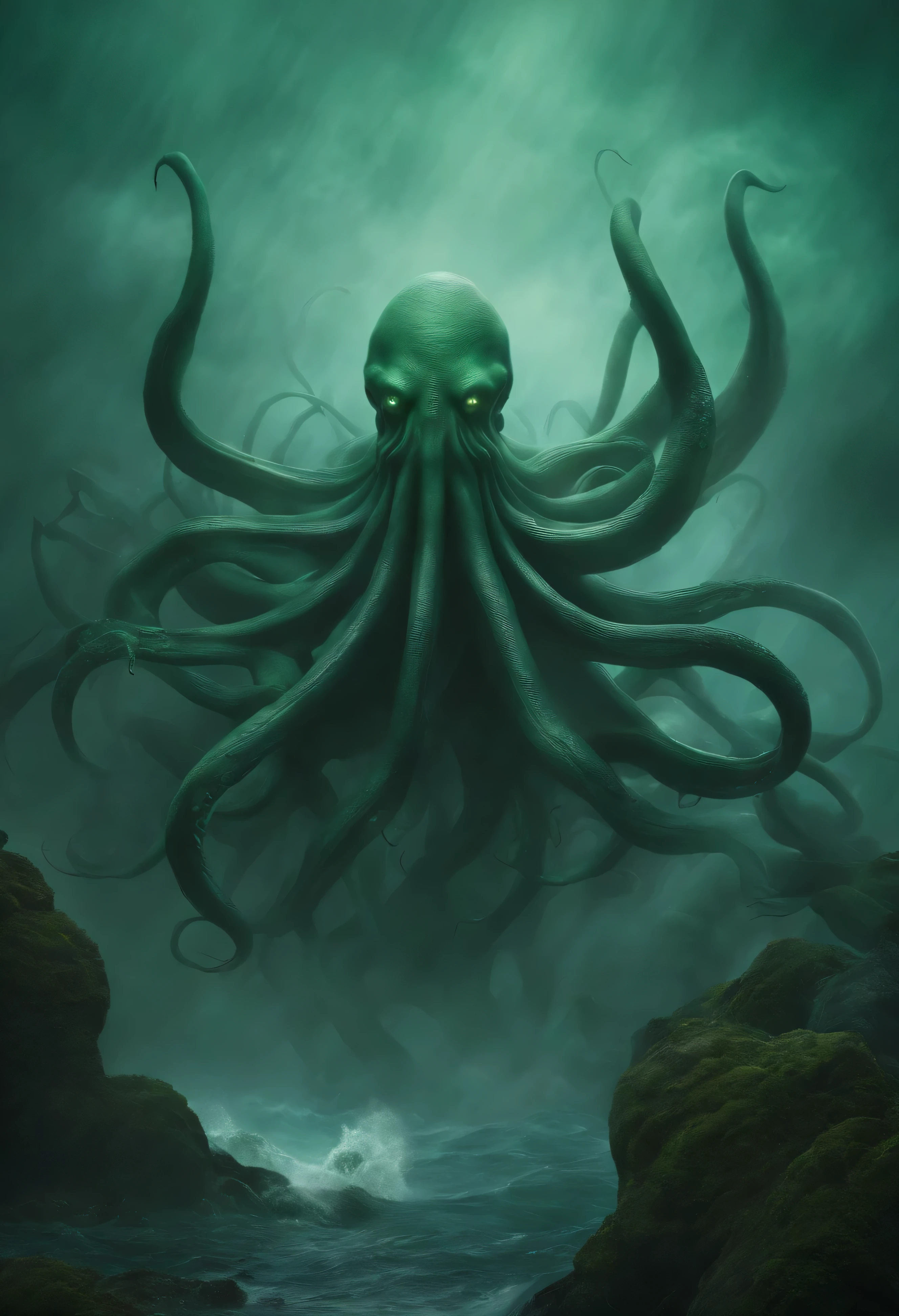 Cthulhu, The squid-headed alien god and the sprawling limbs of H . p. Lovecraft, venant envahir le monde humain, surrounded by'a greenish mist coming from the rough sea. Humans flee its presence. vue d'Ensemble, ambiance froide dans les vert et bleue avec de la brume. Realistic photography . capture dans le style photographique d'Alexandria Ramon, chef-d'Ouvrages d'art, Photo brute, best quality, illustration ultime, ultra-detailed, 16k, extremely detailed.