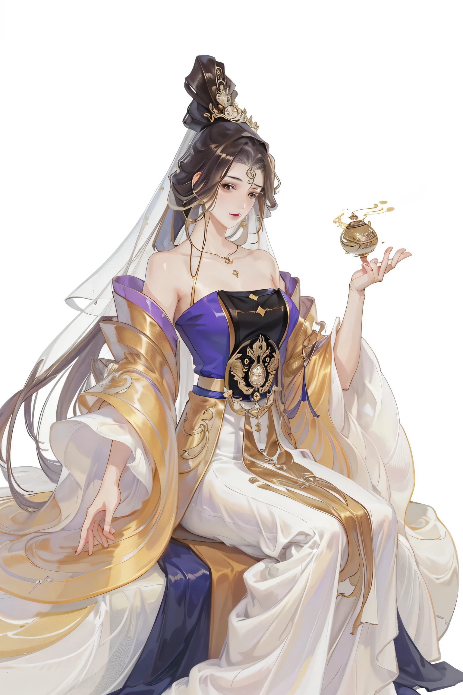 (((tmasterpiece, Best quality, ultra high resolution, CG unified 8K wallpaper, Best quality at best, ultra - detailed, ultra HD picture quality))), 1 girl sitting on the throne, cabelos preto e longos, game fairy, Golden clothes, Hanfu, yarn, flowing gauze, jewely, golden colored, Nice face, beautidful eyes, Beautiful hairstyle, Beautiful costumes, Structurally sound