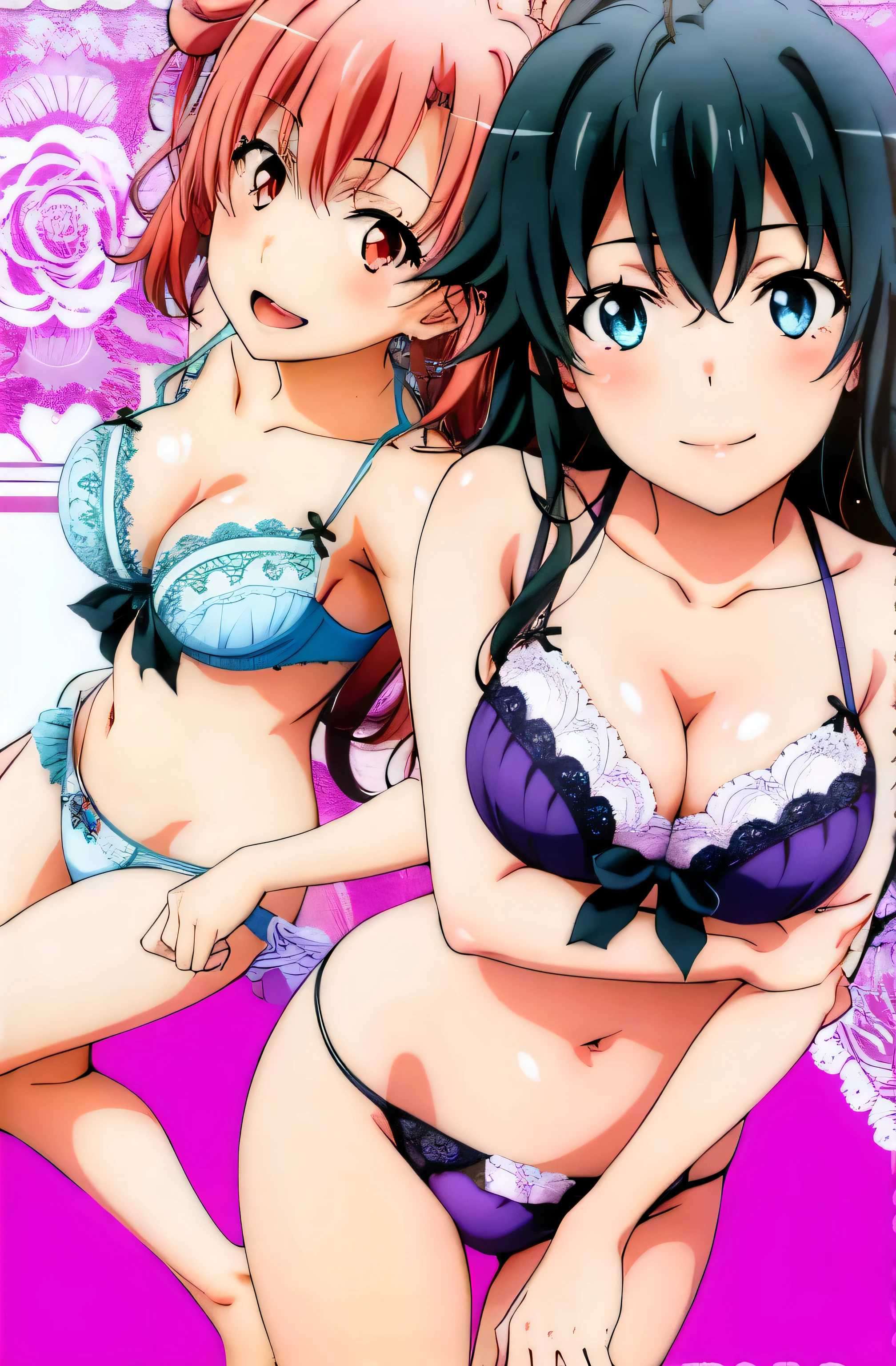 2 girls , Yukinoshita Yukino , Yuigahama Yui , Yuigahama Yui has big breasts, waltz dance , Pink lace bra and panties,White lace bra and panties,High leg,high angle,