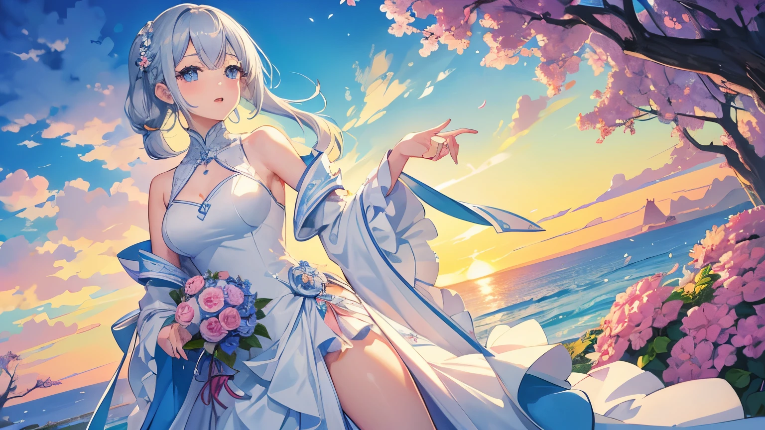 anime pictures。delicate lines。Bright and refreshing colors。cute girl around 18 years old。silver hair。blue eyes。long eyelashes。Deformed illustration。colorful flowers。sunset。very high quality、high resolution、masterpiece、best aesthetics、luxurious dress、accessories、upward glance、wonderful、fine details