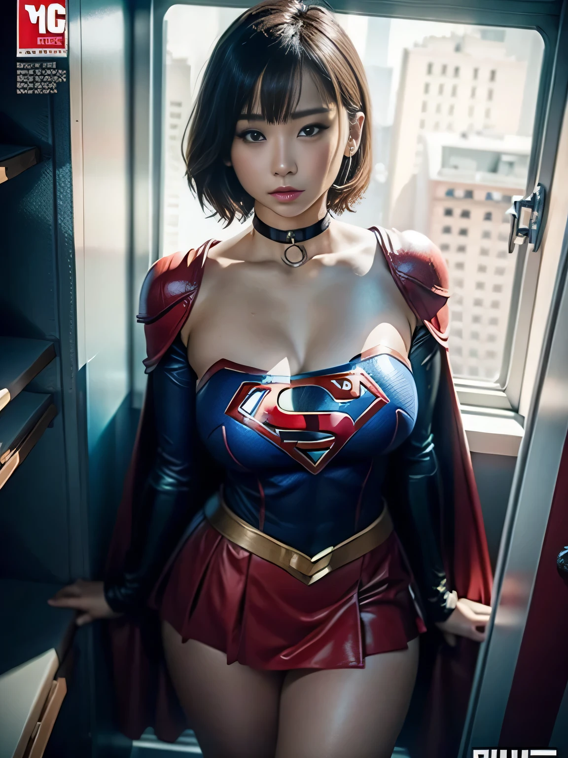 masterpiece、supergirl costume、short hair、barefoot、big and full breasts、Crisis situation、Human experimentation、test subject、Research room、operating table、Cowgirl、choker、shiny、looking at camera、Seduce、choker、long sleeve、red tight skirt、Weekly magazine cover、model body shape、realistic、
