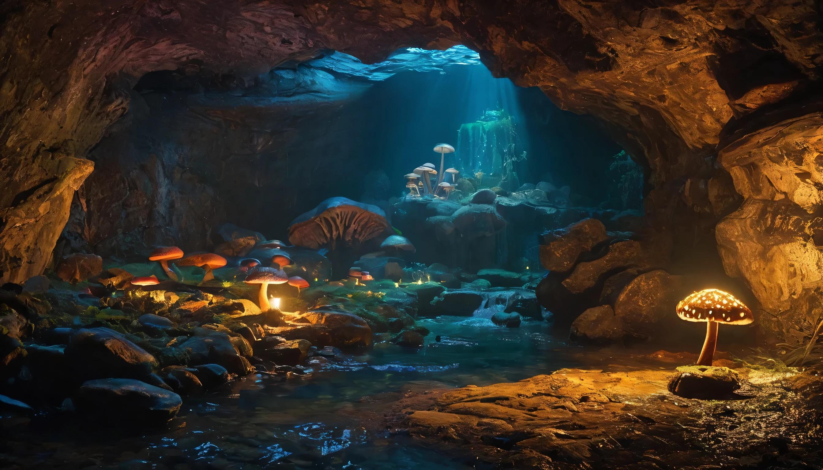 Sanctuary whit strange stone engravings of kraken in underground cave, whit litlle water flowing stream, whit big blue glowing mushroms, rock hole on roof whit light rays, magical and sinister fantasy tem, epiCPhotor warm lights, dark atmhosphere The scene is accentuated by a warm light source, adding a sense of realism and depth (Cold light source: 1.2). The lighting is voluminous, casting dramatic shadows and highlights (Voluminous lighting). The overall image quality is of the highest caliber, with masterful attention to detail and precision (Realism masterpiece: 1.2, Best quality, 4k, Ultra-detailed). The composition is dynamic, capturing the viewer's attention (Dynamic composition: 1.4). The image is filled with intricate and colorful details, enhancing its visual richness (Detailed, colorful details). The color scheme predominantly features shades of grey, creating a serene and ethereal ambiance (White color scheme: 1.2). The lighting creates a glowing and ambient atmosphere, adding medieval look (Glowing lighting, Ambiance lighting). The scene evokes a sense of solitude and tranquility (Solo: 1.2).