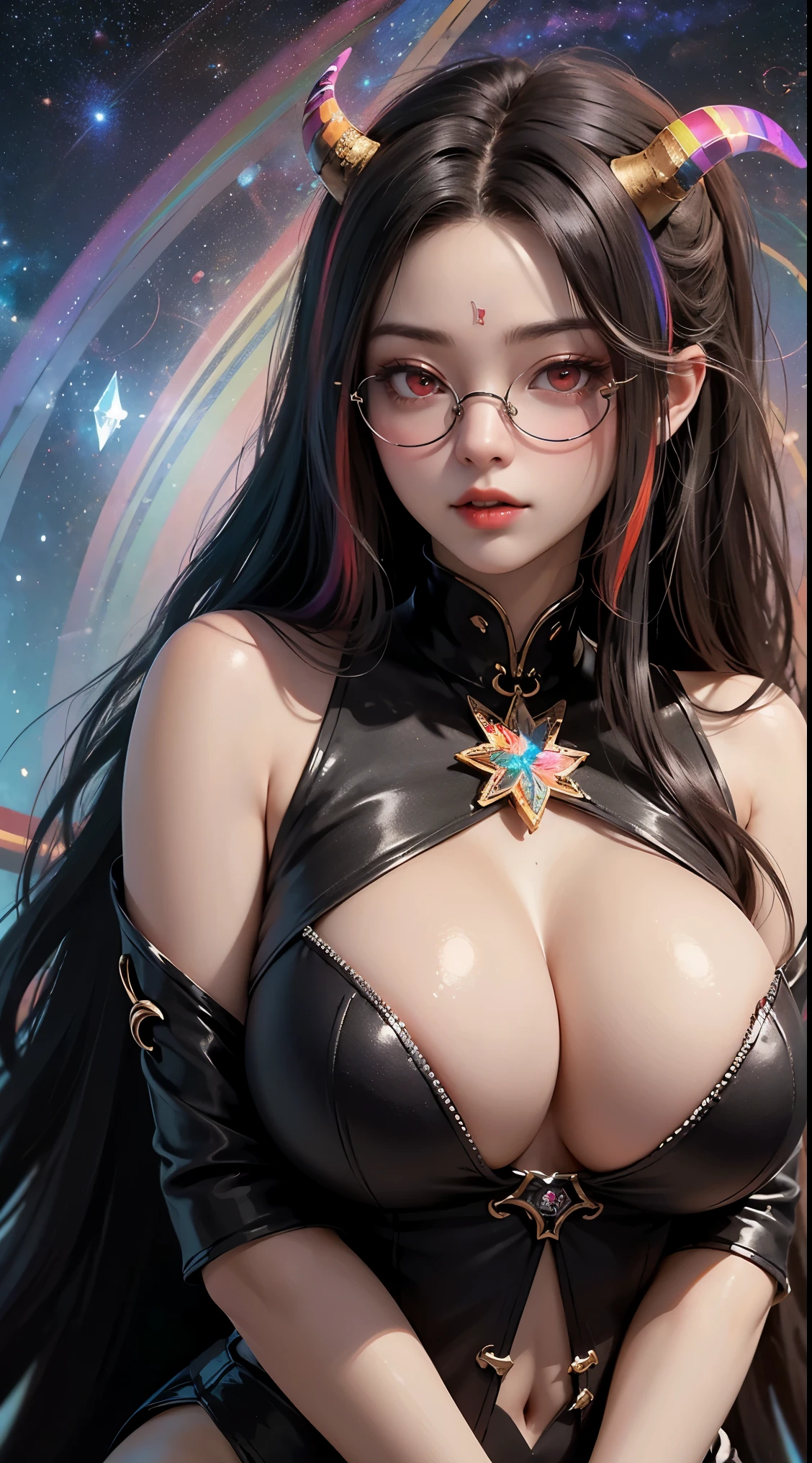 1名 27歳 woman, got it、(best illustrations)、8k UHD resolution、intricate details、最high quality、realistic、Super detailed、best lighting、best shadow、soft lighting、ultra hd、dungeon and Dragon、cave、dungeon、 necromancer、night、dark style、Succubus、devil'Daughter of、bat wings,(((demon hornラック縁round glasses))))、(((big breasts)))、(devil'tail)、(red eyes shine:1.6)、masterpiece、beautiful features、Tyndall effect、realisticphotograph、(high detail skin:1.2)、8KUHD、Digital single-lens reflex camera、high quality、photograph、High resolution、 absurd、Ponytail distortion、Optimal ratio of 4 fingers and 1 thumb、1 girl、hair ornaments、真っ赤に輝くgemのネックレス、gem、beautiful expression、body up、big breasts emphasis、tight waist、wide ass、Tyndall effect、Photoreal、(high detail skin:1.2)、dark and mysterious version, lipstick red lips, thin and beautiful lips, Don'Don'Don'don't laugh, please keep your mouth shut, Characters created by Karol Baku and Pino Denis, intricate details, detailed background, very detailed, magic of light, woman, cute face, ((((giant glasses, otaku glasses, thick glasses, round glasses))))、, (((demon horn))))、(((bat wings))))、 looking at the Upper body of the goddess , round chest, big and round chest, phoenix hair brooch, long hair with bangs, (Long hair has seven colors like a rainbow:1.9), Beautifully detailed face and well-proportioned eyes, (Crystal clear red eyes: 1.8), Big round eyes and very beautiful and detailed makeup, Visionary, long silk nightgowns, mysterious makeup, ブresponseレット, I dyed the side bangs light yellow...., Upper body, (goddess Upper body: 1.8), hanging arms, リアルで鮮やかなphotograph, (stars that make up : 1.7), ( Space-time portal of sky and imagination: 1.8), fiction art, RAWphotograph,黒い着物のphotograph, 最高のphotograph , expensive_response, 最high quality, 最高のphotograph, 8K quality, 8k ultra , surrealism, 最も経済的な本物のphotograph, Artistic portrait of 12 signs, Symbol of one of the 12 signs on the reverse side, 12 Portrait of the Goddess, 最もrealistic配色, 最高のphotograph color, masterpiece, hair ornaments, ネックresponse, jewelry, beautiful face, Upper body, Tyndall effect, photographのようにリアルな, Dark studio, border light, two tone light, (fine skin) expensive: 1.2), 8k UHD, Digital single-lens reflex camera, soft light, expensive quality, volume light, Frank, photograph, expensive responseolution, 4K quality, 8k, Bokeh, smooth and sharp, 10x more pixels, Charming goddess, sexy goddess, (background space: 1.8), (milky way: 1.7), aurora, lightning, (auroraの背景: 1.8) <roller:crazy_perfect eyes_v1_from_v1_, beautiful goddess and flowers, (((demon horn))))、(((bat wings))))、