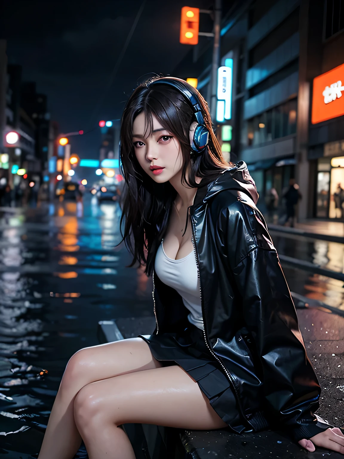 (masterpiece), (best quality), looking at another, (wavy hair:0.9), 1girl, beautiful woman, night, {black eyes|dark brown eyes}, {black hair|dark brown hair|dark hair}, {long hair|medium hair}, {cinema|town|grasountain|river|outdoor}, {medium breast|large breasts}, {sitting|standing}, wearing raincoat and hoodie, headphones, heavy rain, flood, Short pleated skirt, raining, TOKYO of cyberpunk, night scene, dark, Beautiful Neon Lights, On cloudy streets, vibrant colors, the skin is white and beautiful