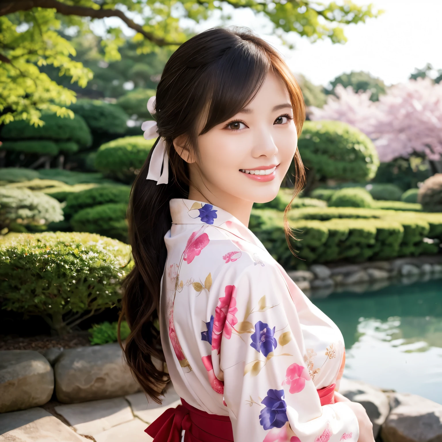 ((highest quality、table top、8k、best image quality、super fine))、((1 beauty、A beautiful woman stands gracefully、Photo from the waist of a woman))、very elegant appearance、very luxurious kimono、classy chignon、perfect makeup、Gorgeous hairpin on your head、The background is a Japanese garden at night.、perfect stone lantern、Beautiful garden with gravel、Luxury inn garden、View of the garden from the inn、The most luxurious and elegant Japanese garden、The most gorgeous Japanese garden in the world、big pond、she is looking at me、Smile at me、perfect ???????、detailed face、Super high resolution perfect beautiful teeth、Ultra high definition beauty face、ultra high definition hair、Super high-definition sparkling eyes、Shining ultra-high resolution beautiful skin、Super high resolution glossy lips、(very bright and vivid:1.3)、(Beautiful skin that shines very brightly:1.2)