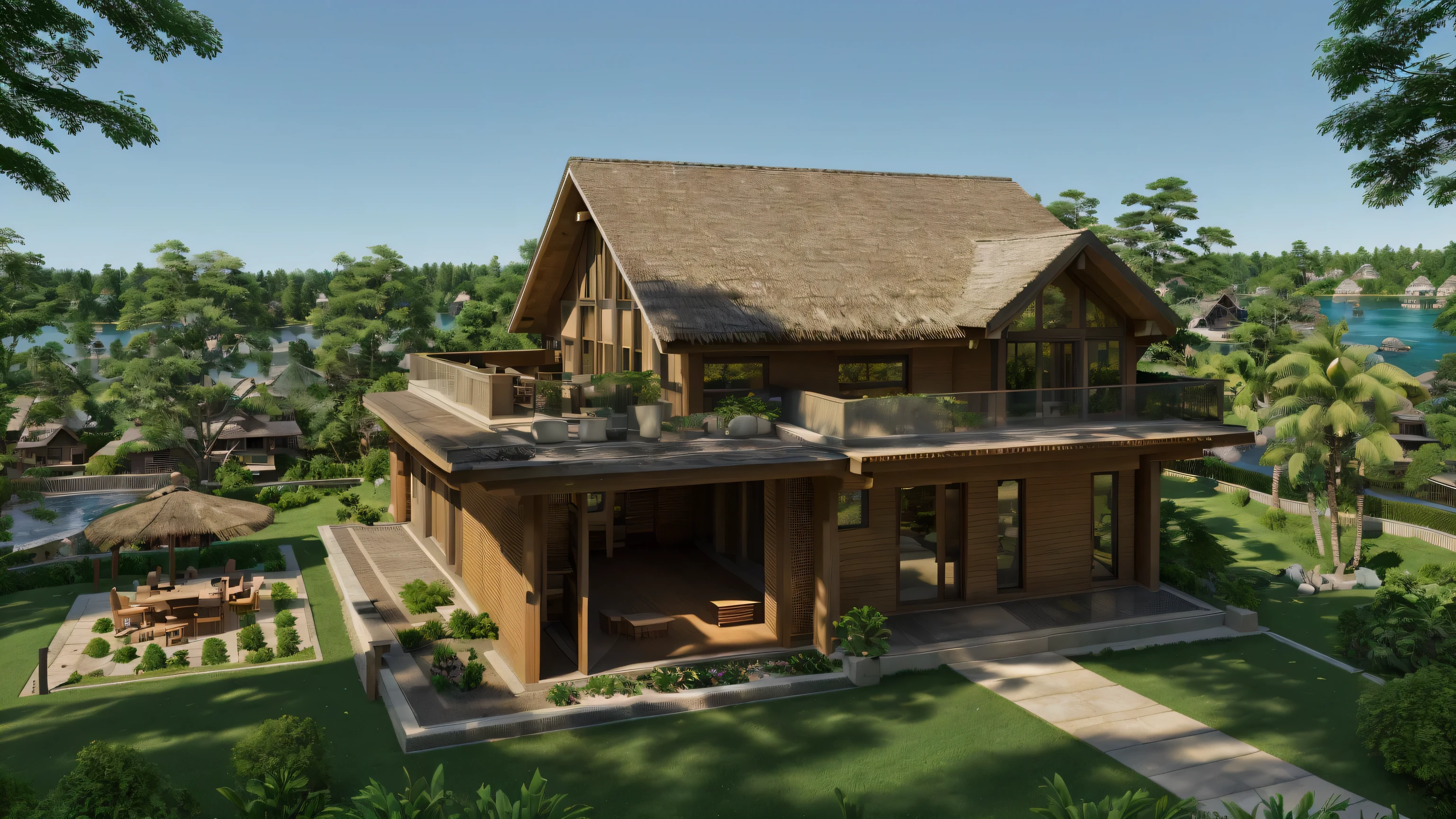Perspective of thatched house and swimming pool, organic architecture, organic construction, sustainable architecture, majestic and beautiful, cafe in the forest, green architecture, inspirational architecture, wooden villa peaceful wood, beautiful house, utopian design, built in the forest near a lake, fantasy house, amazing architecture, rococo style, high detail, interior architecture, depth of field, lighting cinematic, UHD, masterpiece, high detail, high quality, high quality, 8k