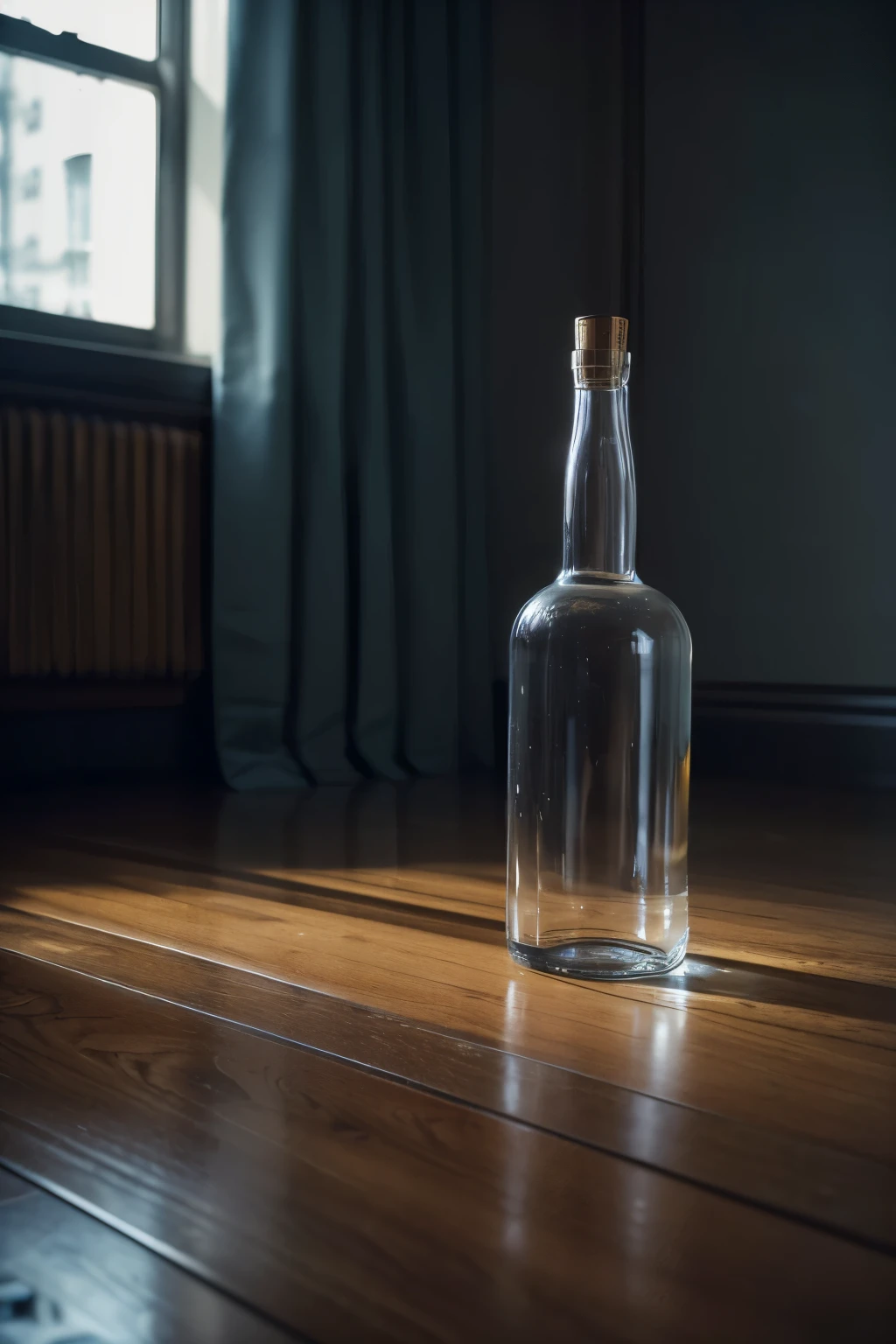 ((Best quality:1.5, A high resolution) detailed, Realistic, a dark room, table, (empty bottle lying around , (empty glass), 1 empty bottle on the floor, drink, loneliness, Yearning, world, a curtain, Modern design,