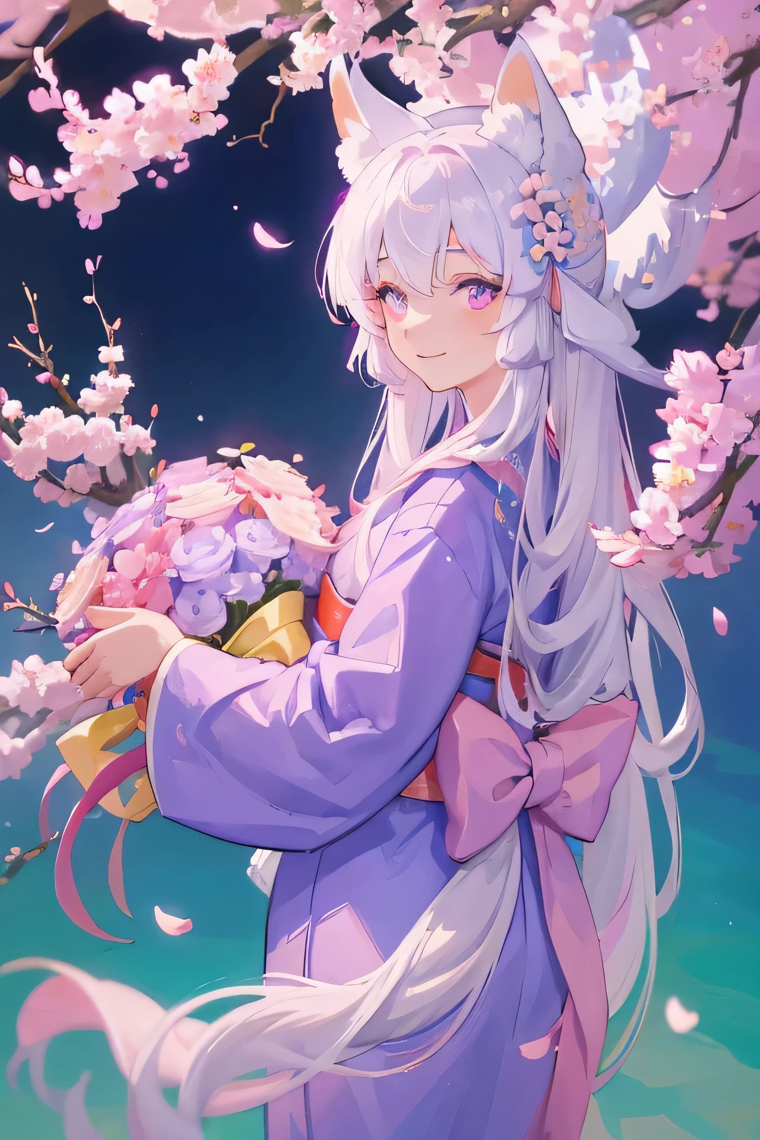 girl with long white hair with fox ears wearing purple pink kimono, furisode, holding a bouquet of sakura flowers. Upwards camera angle, smiling sweetly. holding flowers. monocromatic eyes of blue and green. best quality, high resolution. front facing, looking at the camera