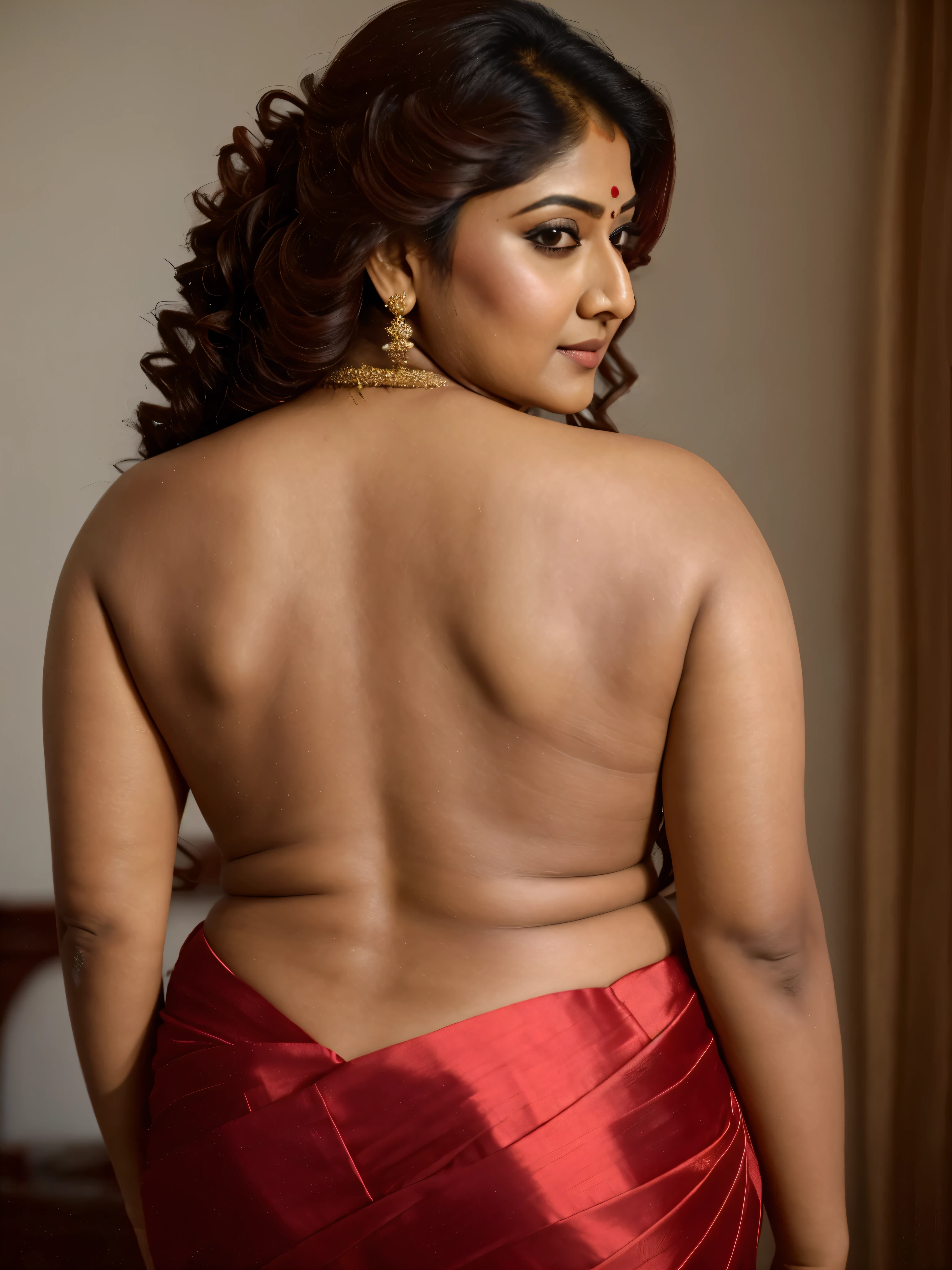 Looks like Indian Actress Nayanthara, actress Nayanthara, mallu, mallu aunty, desi aunty, full figured mature beauty, attractive figure, 48 years old, desi milf, desi aunty, a close up of a woman in a beautiful satin saree and backless blouse, looks hot draped in a modern saree, the satin saree and backless blouse make her look hot and elegant in a bedroom, inspired by Avigdor Arikha, sleek!!!, indian s, the pink backless bikini blouse adds to the sensuality of the look, uper model, wavy hair combed to one side, actress, by Jitish Kallat, smoldering, intense smoldering, fashion, an angel, print ready, with a dramatic looking, inspired by Sudip Roy, seductive look