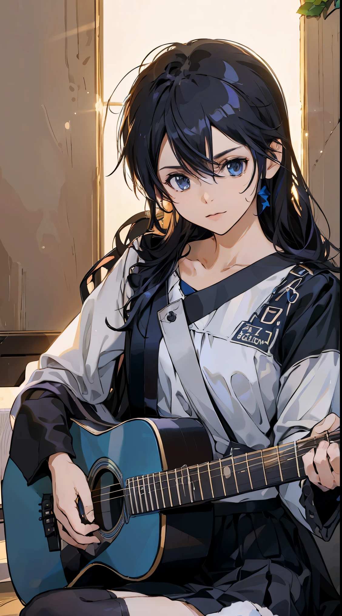 28 years old、black hair messy hair、precision 6 string acoustic guitar:1.2、Anatomically correct fingers、acoustic guitar、Only 1 guitar、Please look straight ahead and sing、(Turn your face forward:1.2)、Christmas、Holy Cloth、mini skirt,Female Kirito,long hair,black stockings