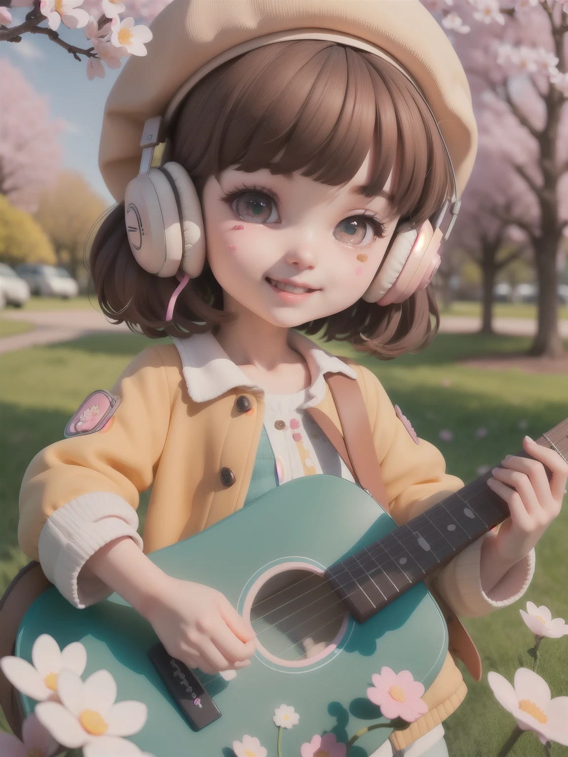 (masterpiece),(highest quality),(super detailed), (whole body:1.2),
1 girl,Little,cute, smile, open your mouth,
flower, outdoors, playing the guitar, music, beret, have a guitar, Jacket, blush, wood, :3, shirt, short hair, cherry blossoms, green hat, blurry, brown hair, blush stickers, long sleeve, bangs, headphones, black hair, pink flower,
(beautiful and detailed face), (detailed and beautiful eyes),